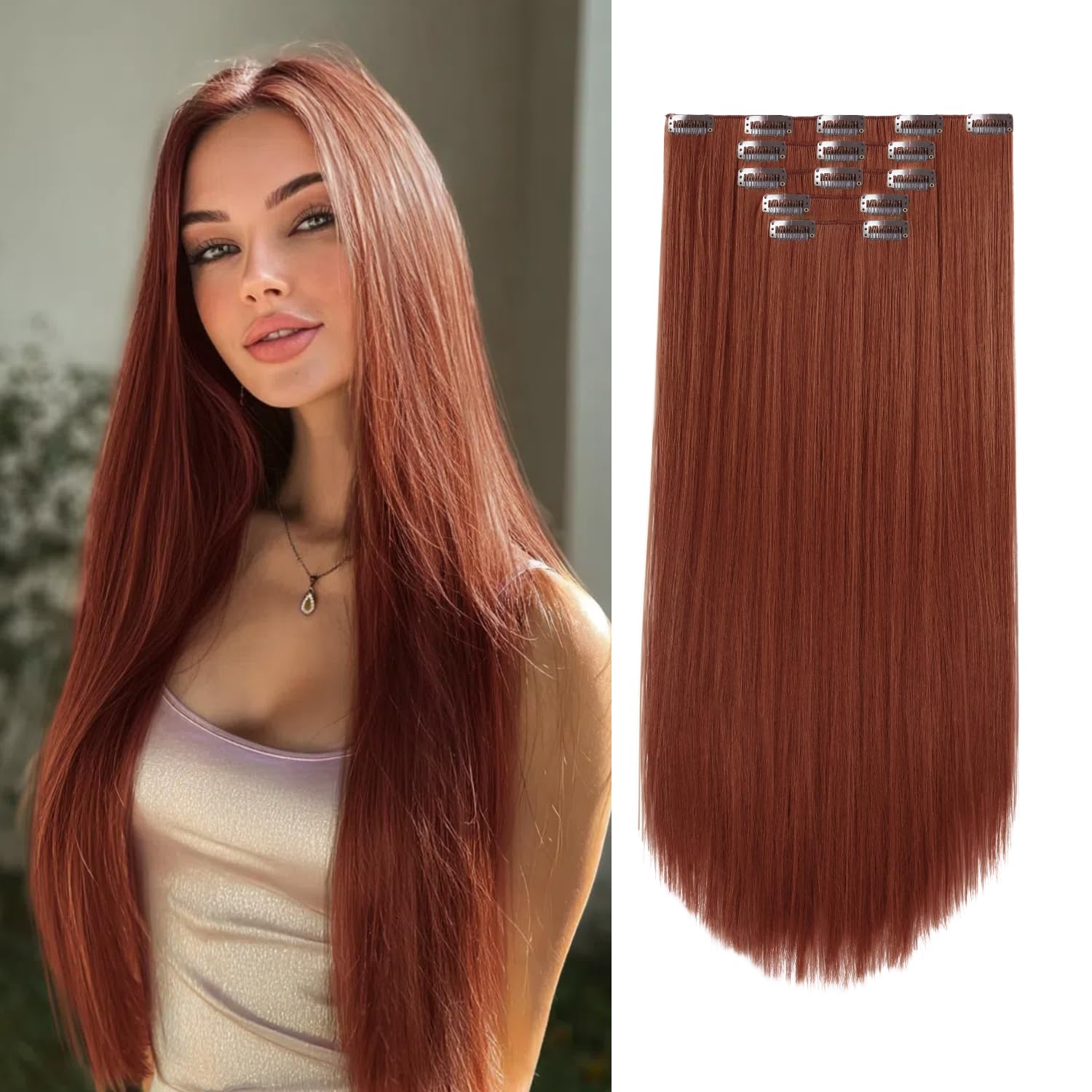 StrRid Hair Extension Clips Straight Invisible 26 Inch Long Thick Synthetic Clip in Extensions 5PCS Soft and Beautiful Copper Red Hairpieces Heat