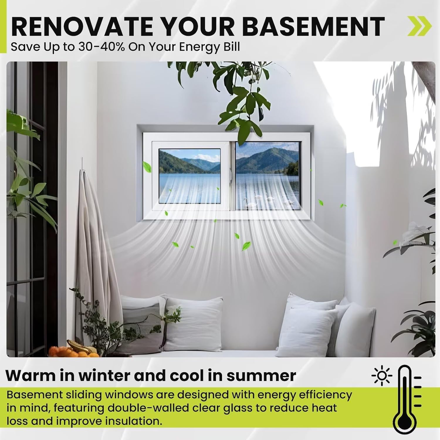 COLORPAPA Vinyl Basement Window, 32 x 14 Slider Window with Double Pane Insulated Tempered Glass and Fiberglass Mesh Screen for Basement Bathroom Home RV Garage (White)