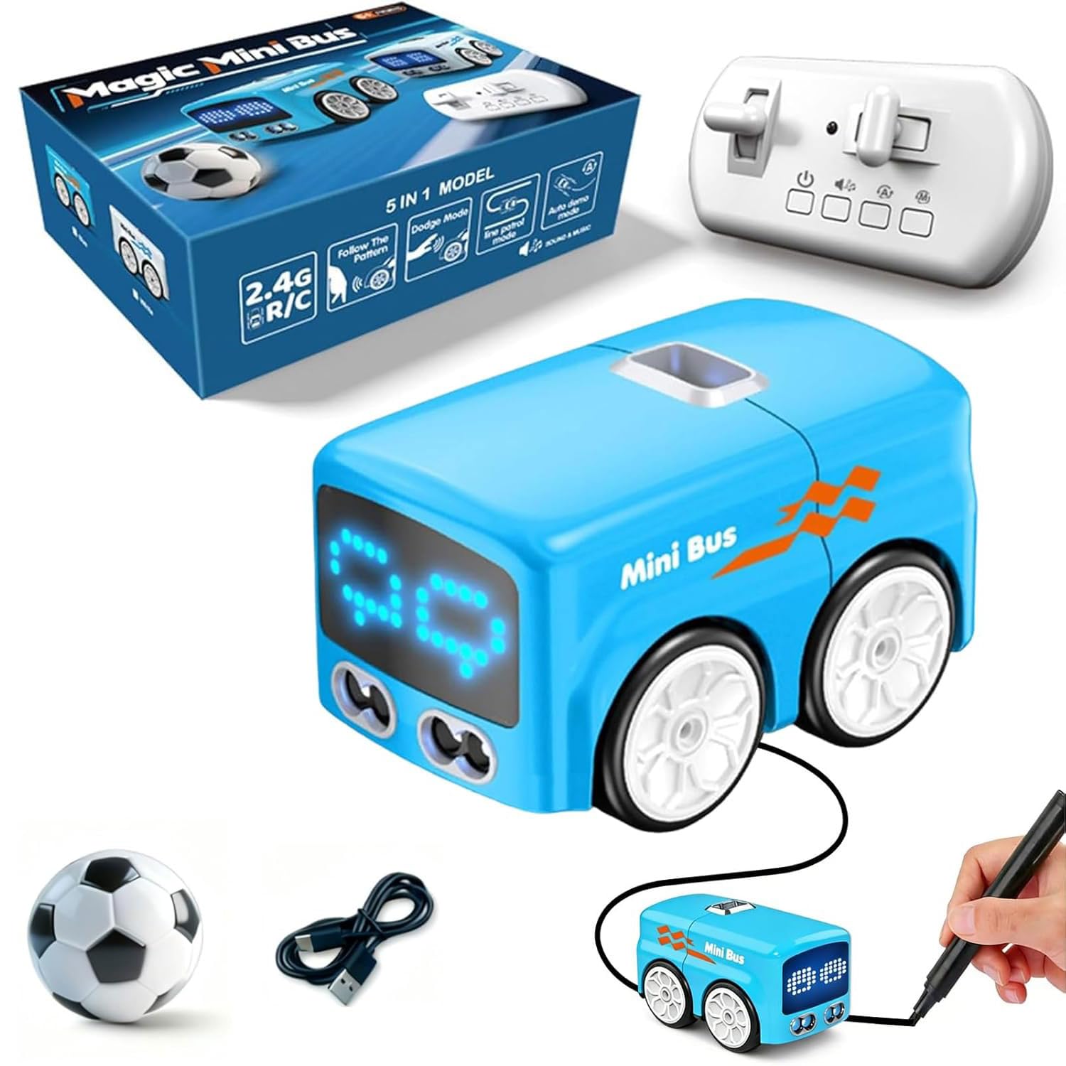 Sensor Car Follows Line, Magic Mini Bus – Rc Mini Cars Gesture Control Follow-Me Cartoon Car, Auto LED Expression Lights & 4 Play Modes, Auto-Avoidance Remote Control Toy Vehicle Gift for Boys (Blue)