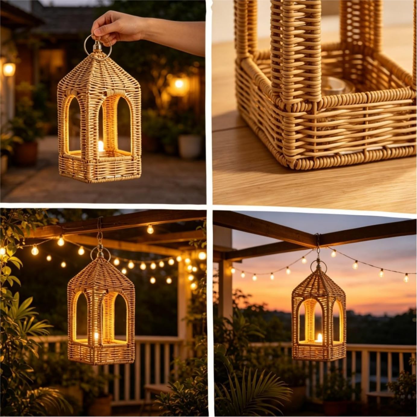2 PCS Handmade Artificial Rattan Candle Lantern, Boho Woven Decor for Indoor Outdoor Patio Garden Wedding Home