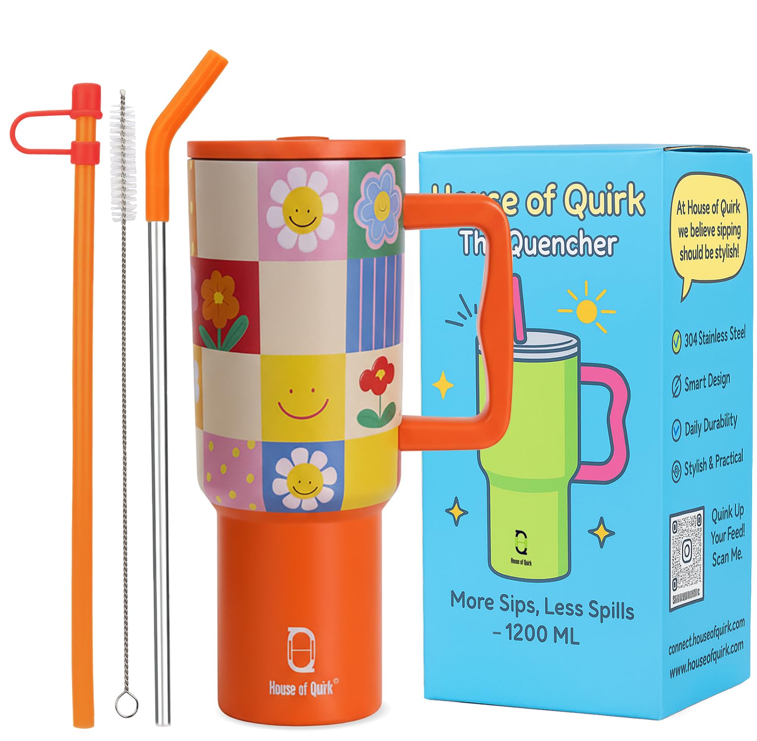 House of Quirk 1200ML Stainless Steel Tumbler with Handle & Lid, 2 Straws – Large Travel Mug Water Cup for Gym, Office & Outdoor Use (Sunpop)