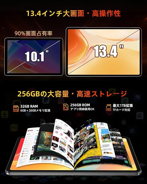 【2026年新モデル】RebotAi Android 16 タブレット 13インチ 大画面 8コアCPU 32GB+256GB(最大1TB拡張)10000mAh大容量バッテリー 20W PD急速充電 Type-C IPS 1920×1200 Widevine L1対応 5GWIFI/BT5.3 16MP+5MPカメラ 顔認証 画面分割 ワイヤレス投影 高齢者/安全設計 スタイラスペン付き - 4