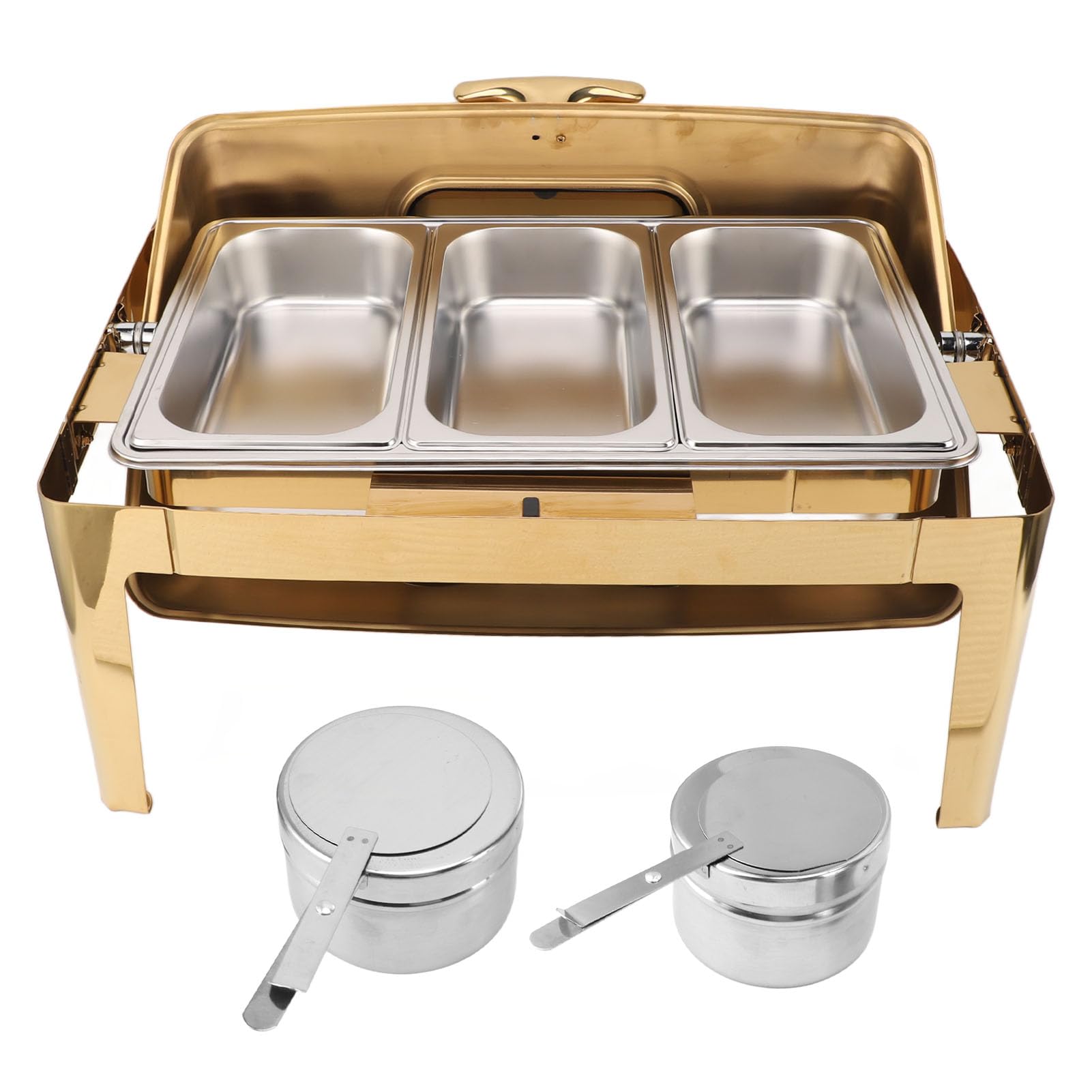 Chafing Dish - para buffet de acero inoxidable, 9 L, buffet, hostelería, calentador de alimentos, tapa de cristal transparente, calentador de alcohol, rectangular (3 compartimentos #16)