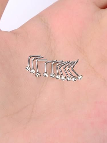 Miniatura 6 de 20 Piezas Piercing de Nariz Curvado Anillo de Nariz de Acero Inoxidable con Cristales Forma en L Tornillo de Nariz Joyería de Piercing, Calibre 20