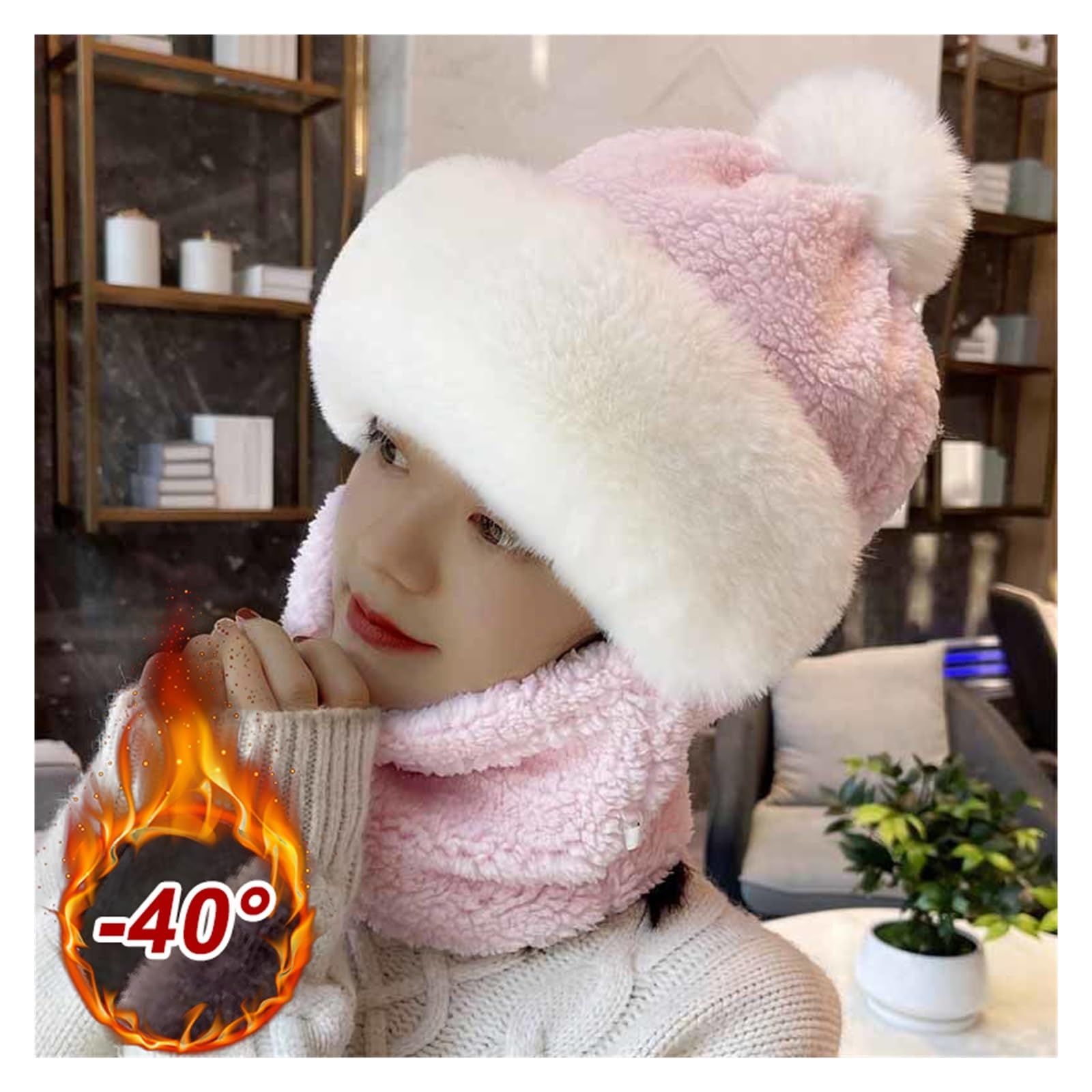 Generisch Winter Scarf Set Hooded for Women Plush Neck Warm Outdoor Ski Windproof Hat Thick Fluffy Beanies(Khaki,4PCS)