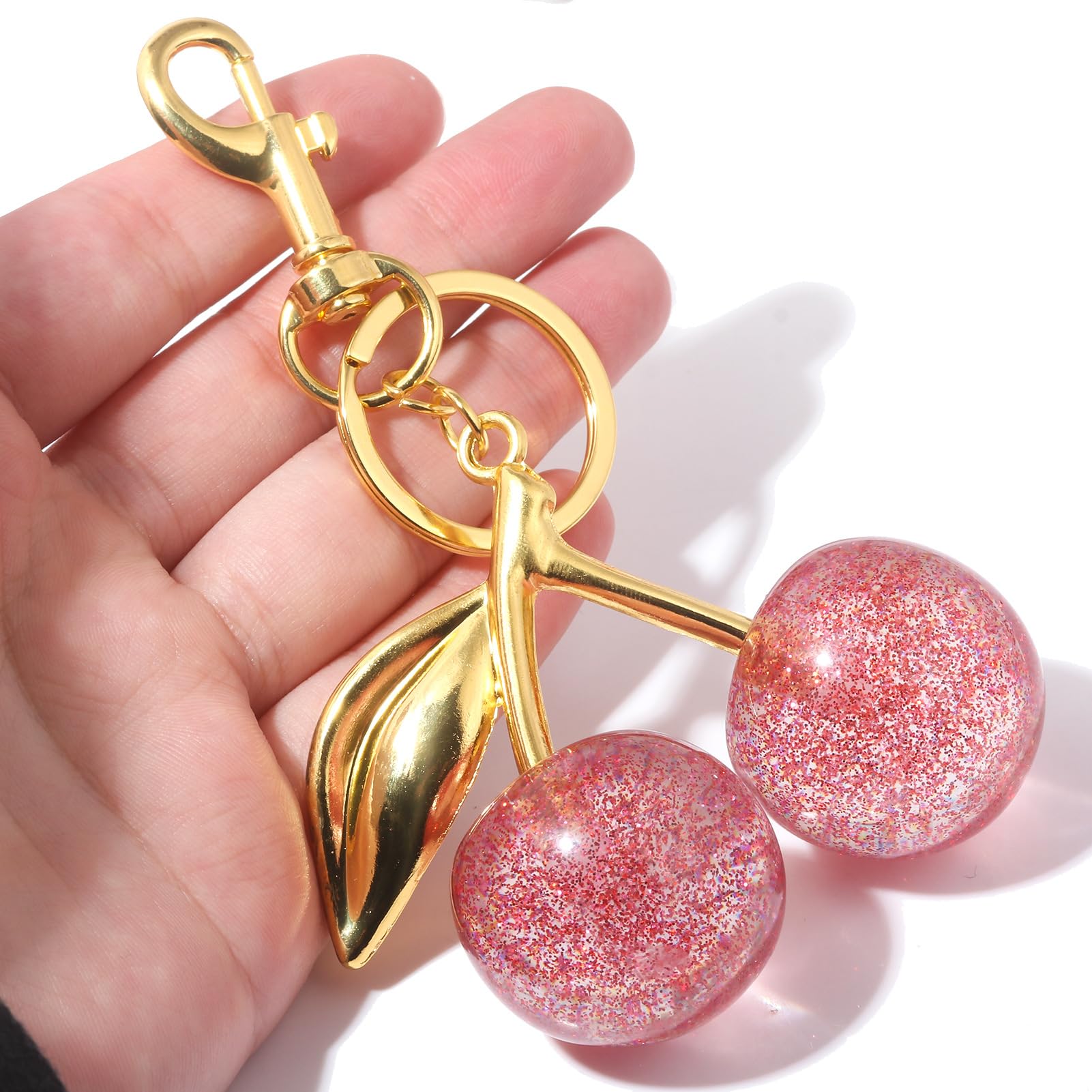 Llavero con dije de cerezo para mujer, bonito bolso de mano, accesorios con purpurina, cereza, regalos de lujo