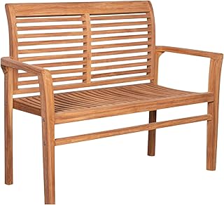 MR. DEKO Gartenbank Derby | Teakholz Outdoor Sitzbank wetterfest | Hochwertige Holzbank für Garten Terrasse Balkonmöbel | Robuste 2-Personen Parkbank 2-Sitzer 120x42x89 cm | Bänke Outdoor Bench