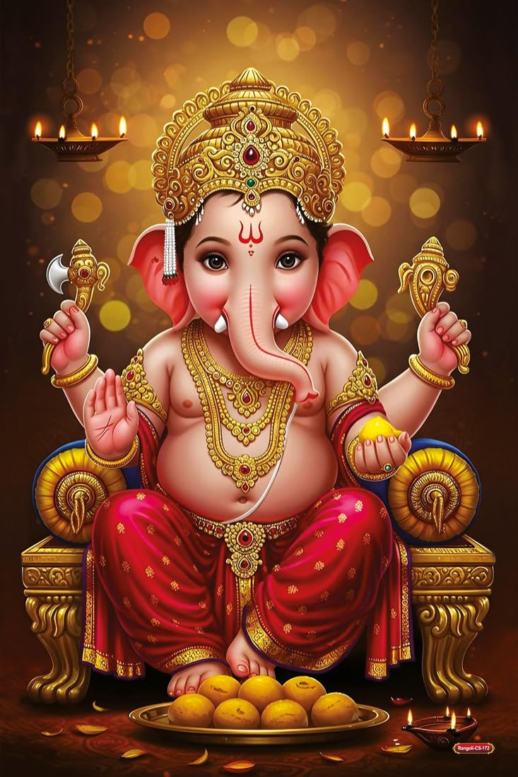Rangoli Lord Ganesha Poster 12x18 Inch Self-Adhesive for Wall Decoration | Ganpati Bappa Wall Art Print for Living Room Bedroom Temple Décor | Spiritual Ganesh Wall Painting