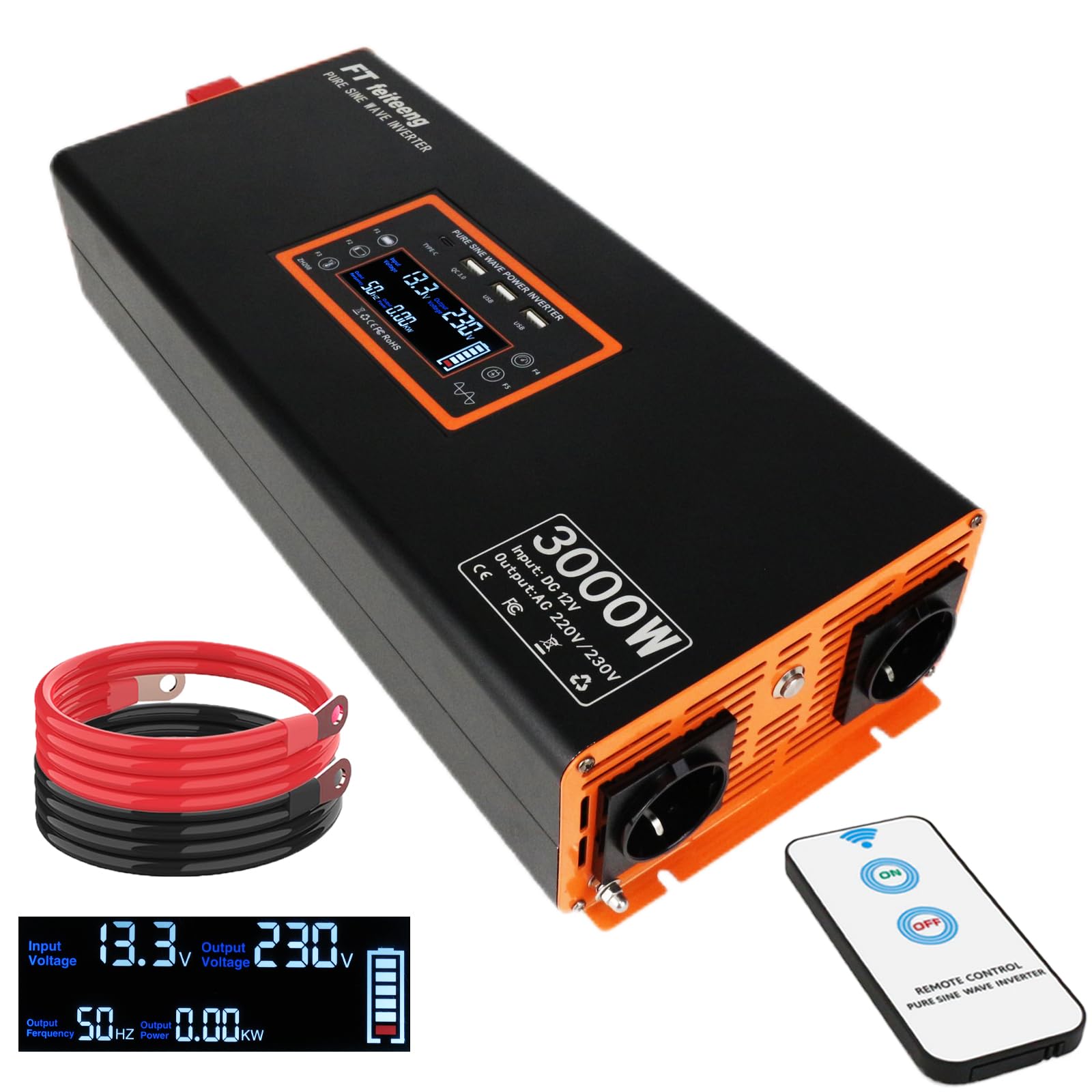 Invertitore di potenza sinusoidale puro da 3000 W, convertitore AC da 12 V DC a 220 V/230 V con display LCD, connettore USB-C e porta QC 3.0 per veicoli di emergenza da campeggio, camion