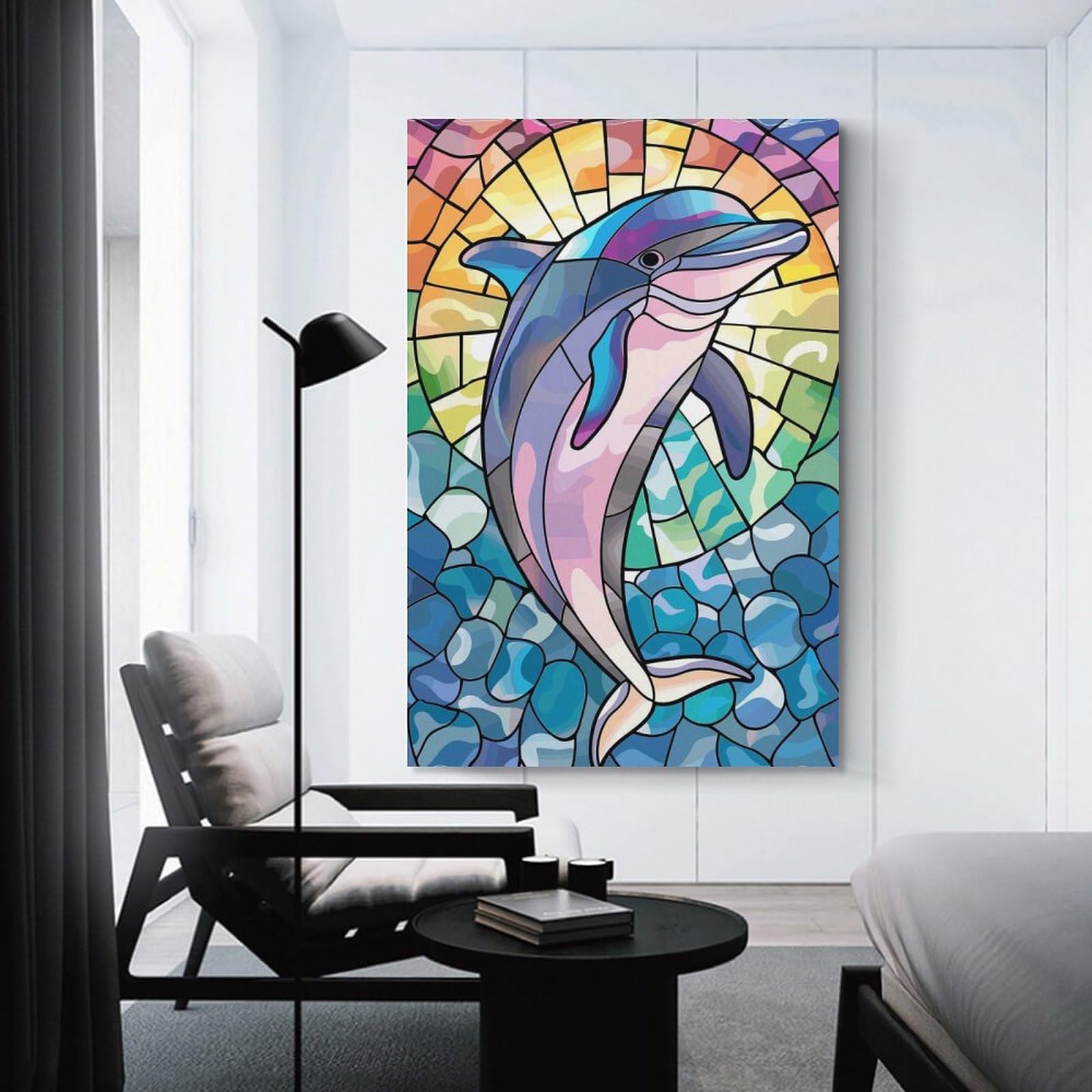 Junmoney Decorative Canvas Print Stained Glass Dolphin in Waves, 24x36inch(60x90cm), for Home Office, Desk Area Or Studio, Home Office Artwork with Decorative Appeal