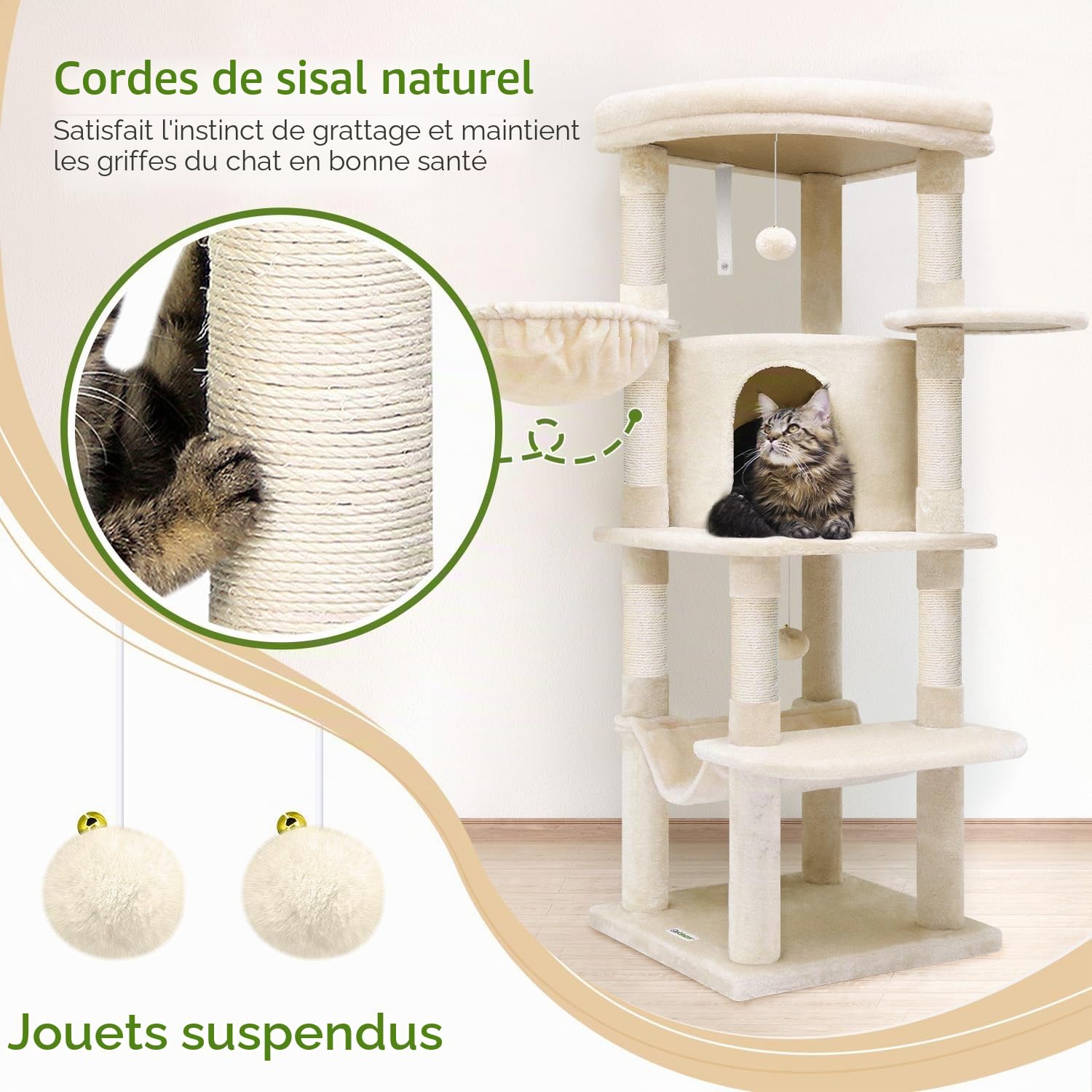 Globlazer Arbre a Chat avec Grandes Plateforme en éventail Niches Doux Hamac Panier, Arbres à Chat Hauteur 130 cm Solide 90° Serré Coin pour 3-4 Gros Chats Repos Jeu (C51, Beige)