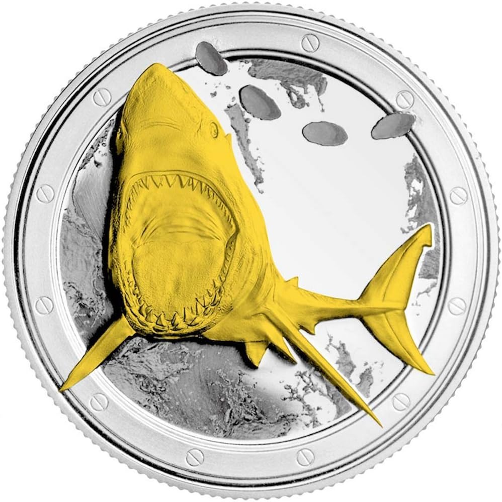 SHARK COIN - GREAT WHITE SHARK - 3-D SHARK LEAPING FROM COIN - GIFT - TOY - COINS COLLECTING - HIGHEST ROYAL MINT QUALITY - 24 CARAT GOLD & SILVER PLATED - 1 OZ - 4.0 CM