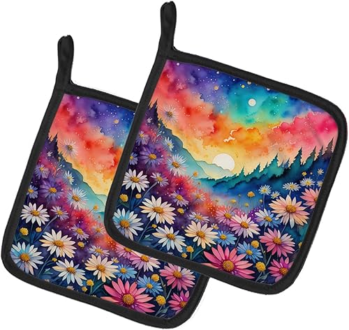 Caroline's Treasures Colorful Asters Pair of Pot Holders Kitchen Heat Resistant Pot Holders Sets Oven Hot Pads for Cooking Baking BBQ, 7 12 x 7 12