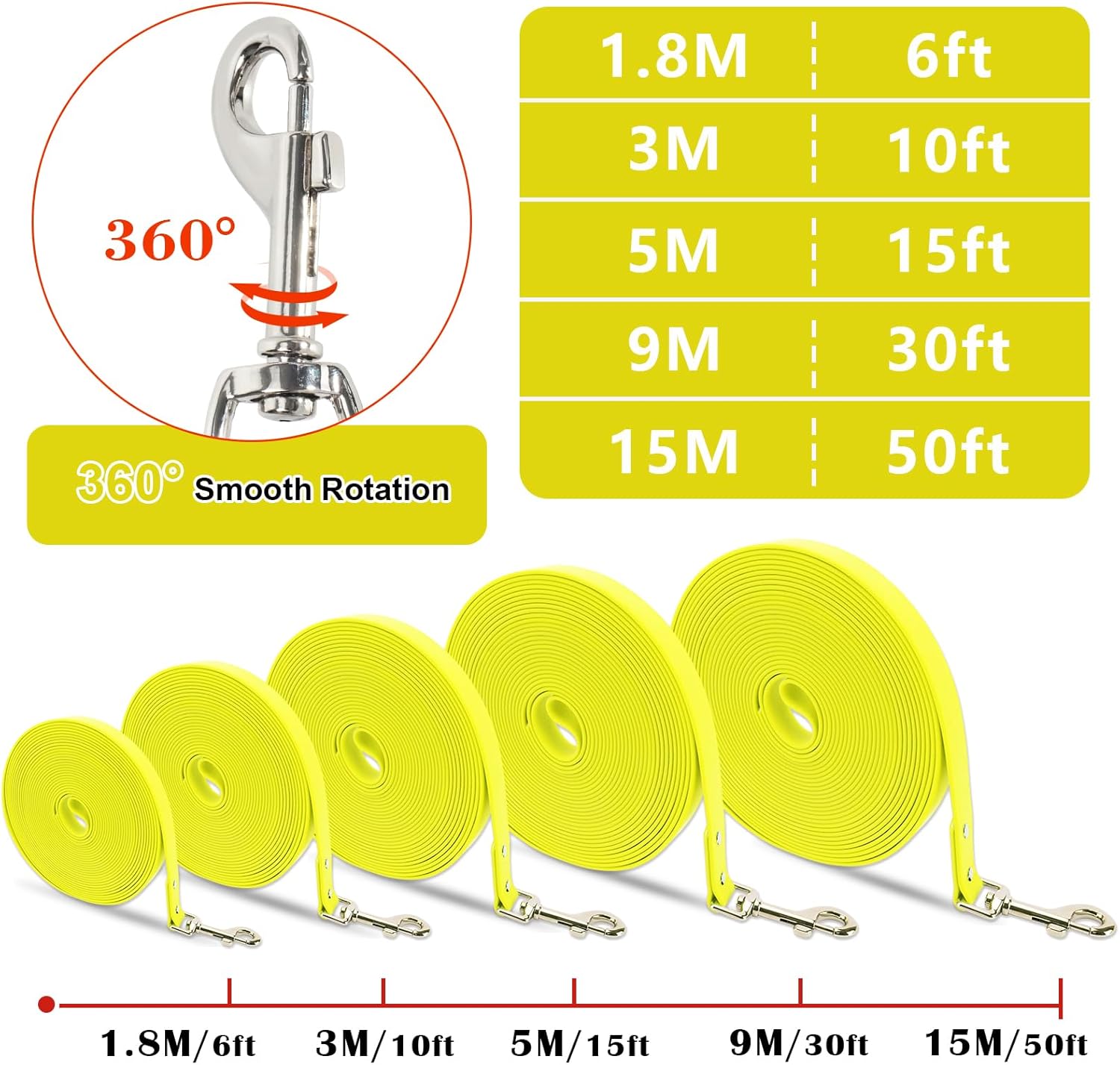 Long Training Leash for Dogs Waterproof Longline Lead Outdoor Leashs for Small Medium Large Dogs,Outside Training,Playing,Camping(Yellow,50 FT)