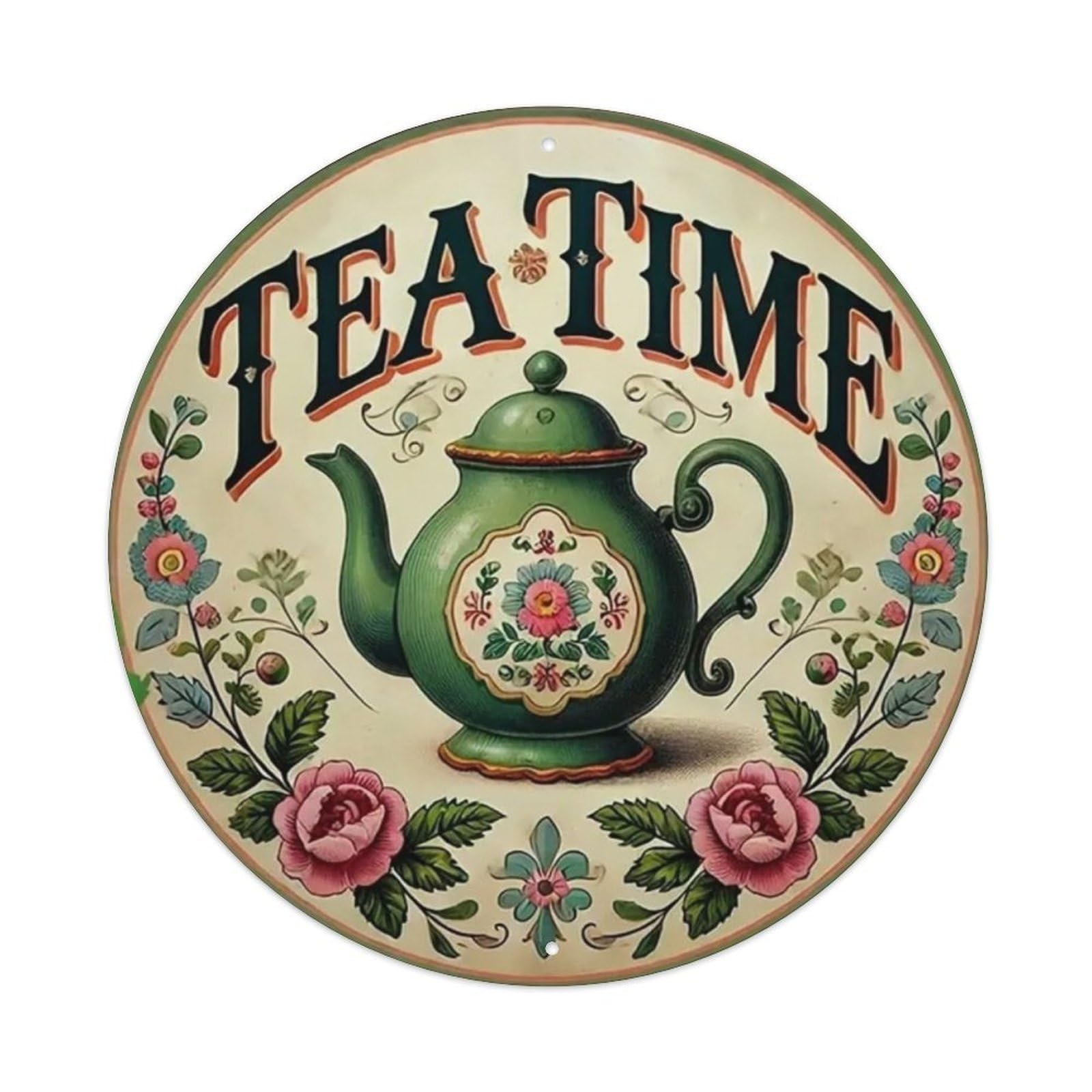 Tea Time Round Tin Sign Vintage Metal Sign Home Bar Garden Wall Decor Metal Poster 8x8 Inch