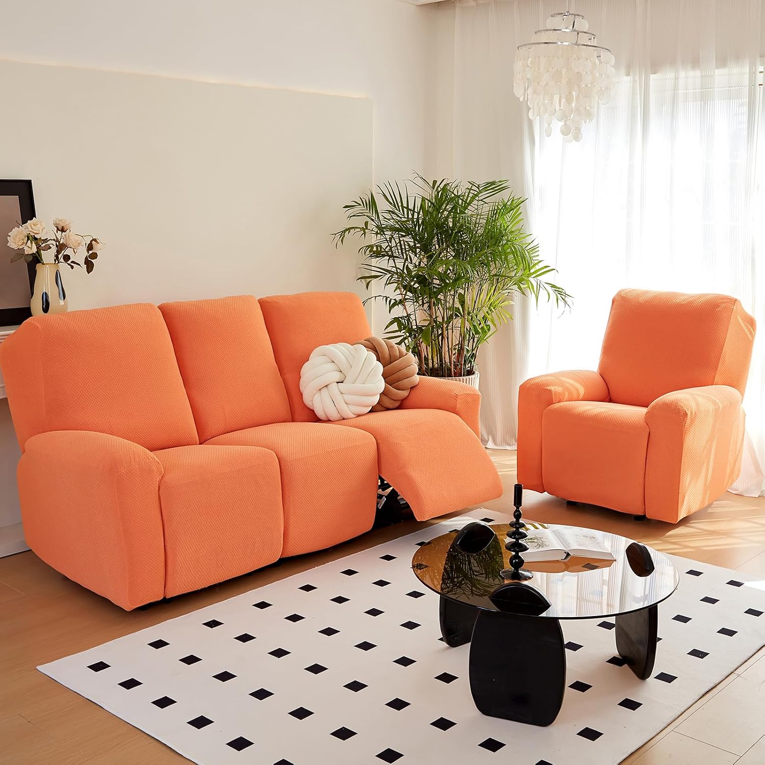 vctops Water Repellent Plaid Jacquard Recliner Chair Slipcovers 4 Pieces Soft Plush Sofa Couch Cover Anti-Slip Elastic Strap Furniture Protector for Kids Cats Dogs(Orange,1 Seat)