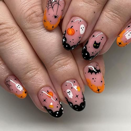 Uñas postizas a presión de Halloween, uñas postizas cortas de almendra, uñas postizas de punta francesa con diseños de araña fantasma, uñas