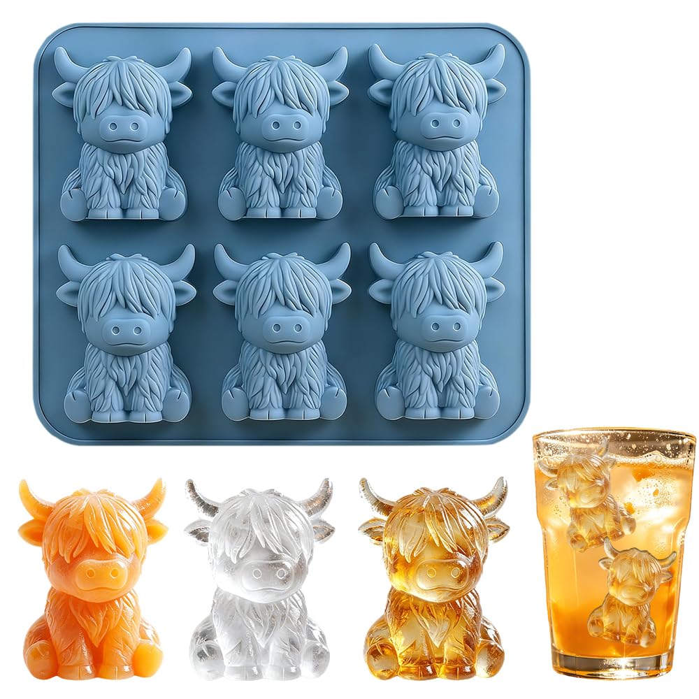 Mini Highland Cow Ice Cube Mold, 6 Cavity Food Grade Silicone Tray for Whiskey and Cocktails, Reusable Mini HighlandCow Gifts for Farmhouse Kitchen Accessories (Highland Cow)