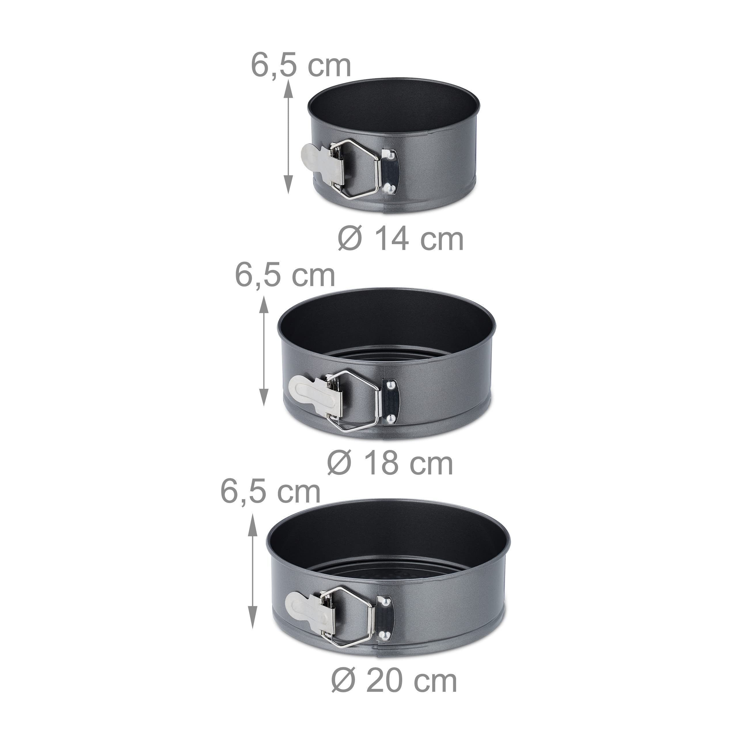 Relaxdays Lot moules à charnière, 6 Plats, diamètre: 14, 18, 20, 24, 26, 28 cm, Inoxydable, antiadhésif, Anthracite