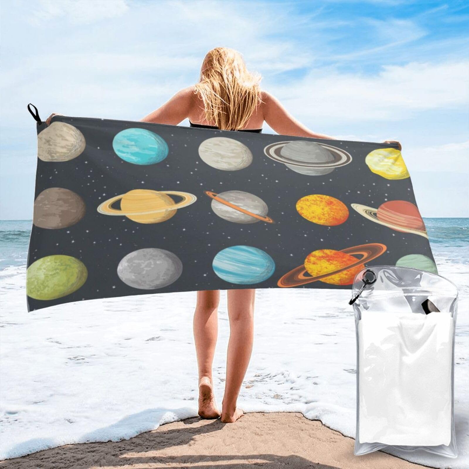Anceky Digital Illustration of Planetary System, Colorful Planets, Space Background Quick Dry Microfiber Travel Towel with Carry Case and Carabiner 31.5"X63"