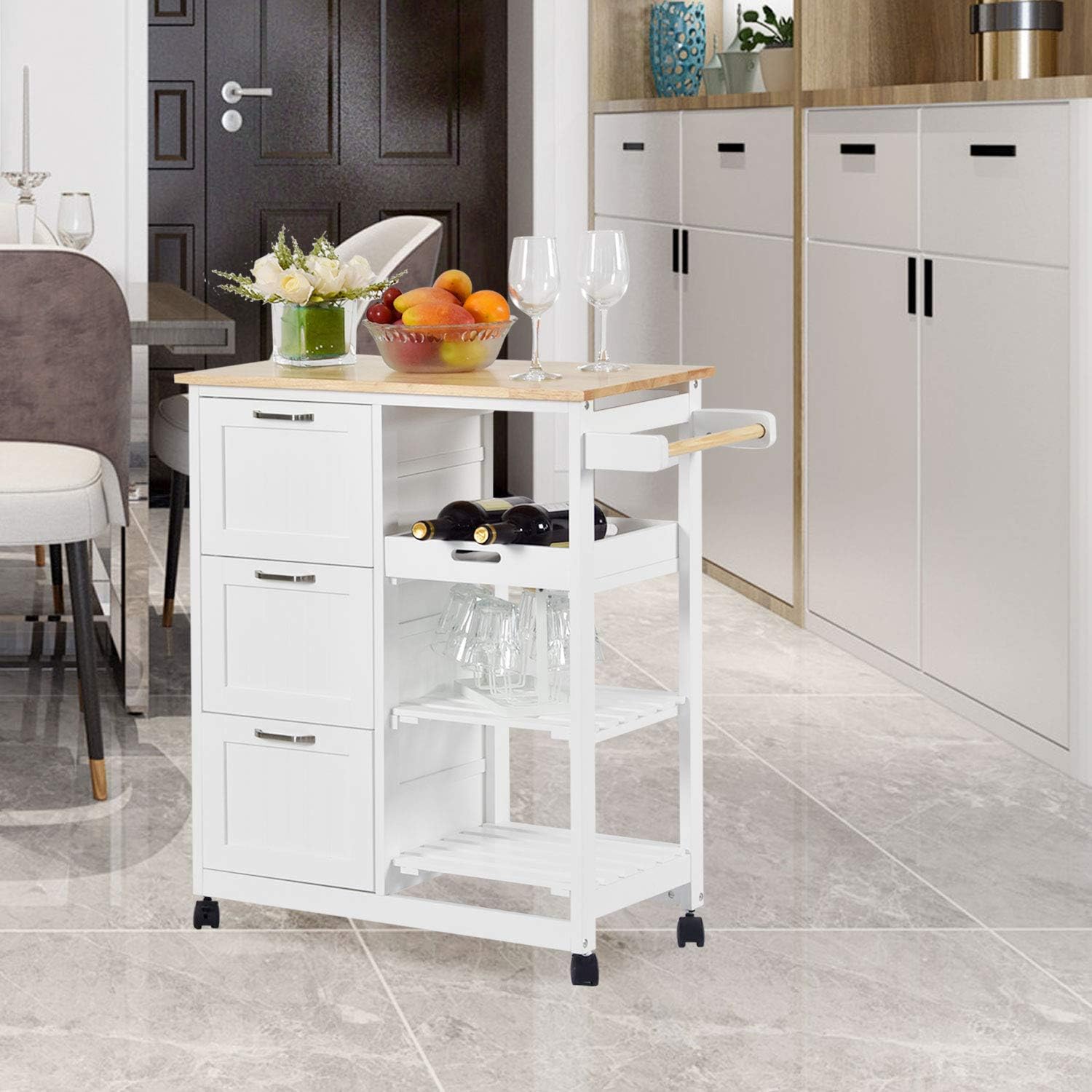NSdirect Kitchen Island Cart,Industrial Kitchen Bar&Serving Cart Rolling on Wheels Utility Storage Trolley with 3-Tier Wine Rack Shelves&Three Storage Drawers,Soild Rubber Wood Top,White