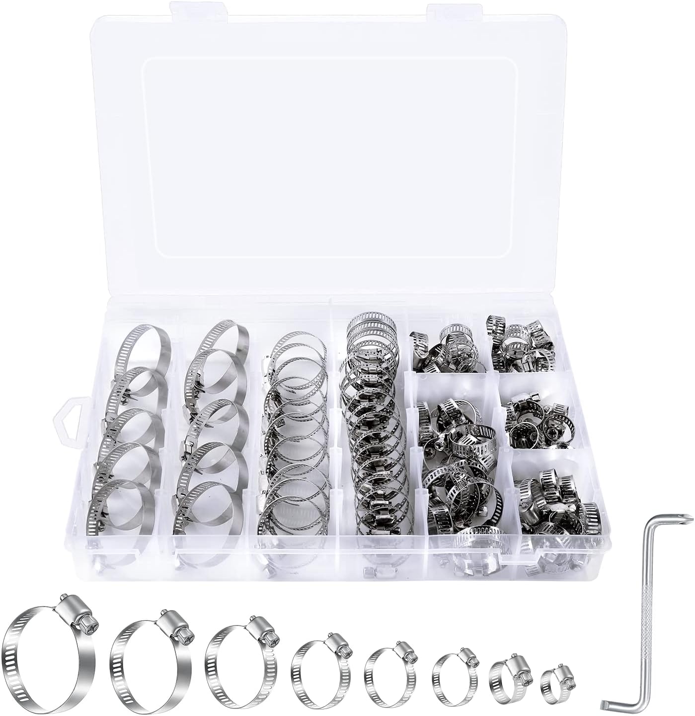 100Pcs Hose Clips Stainless Steel Hose Clamp Assorted Kit, Adjustable 8