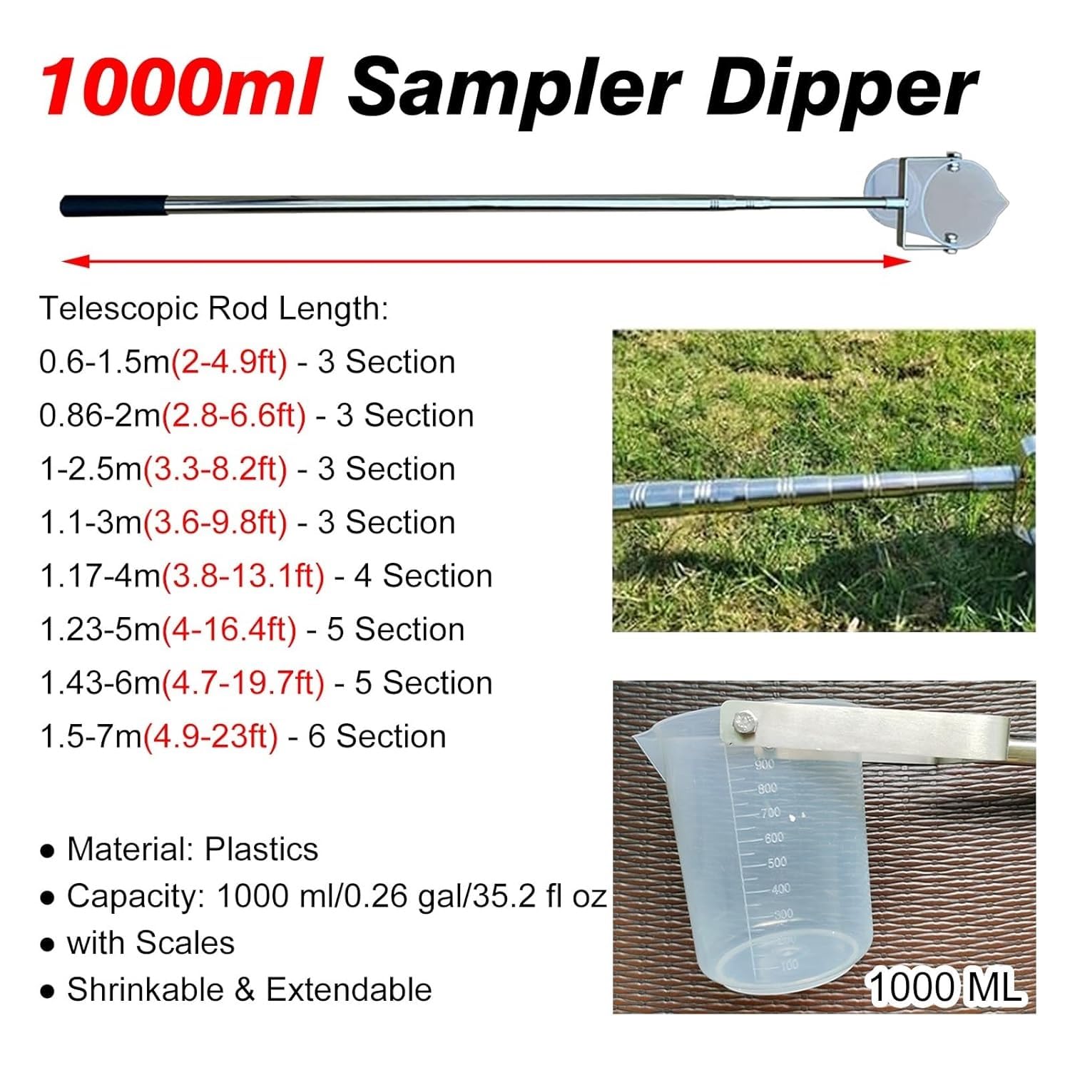 Campionatore d'acqua telescopico in acciaio inossidabile, campionamento dell'acqua di estensione leggero per monitoraggio ambientale/impianto di produzione/piscine, con tazza graduata