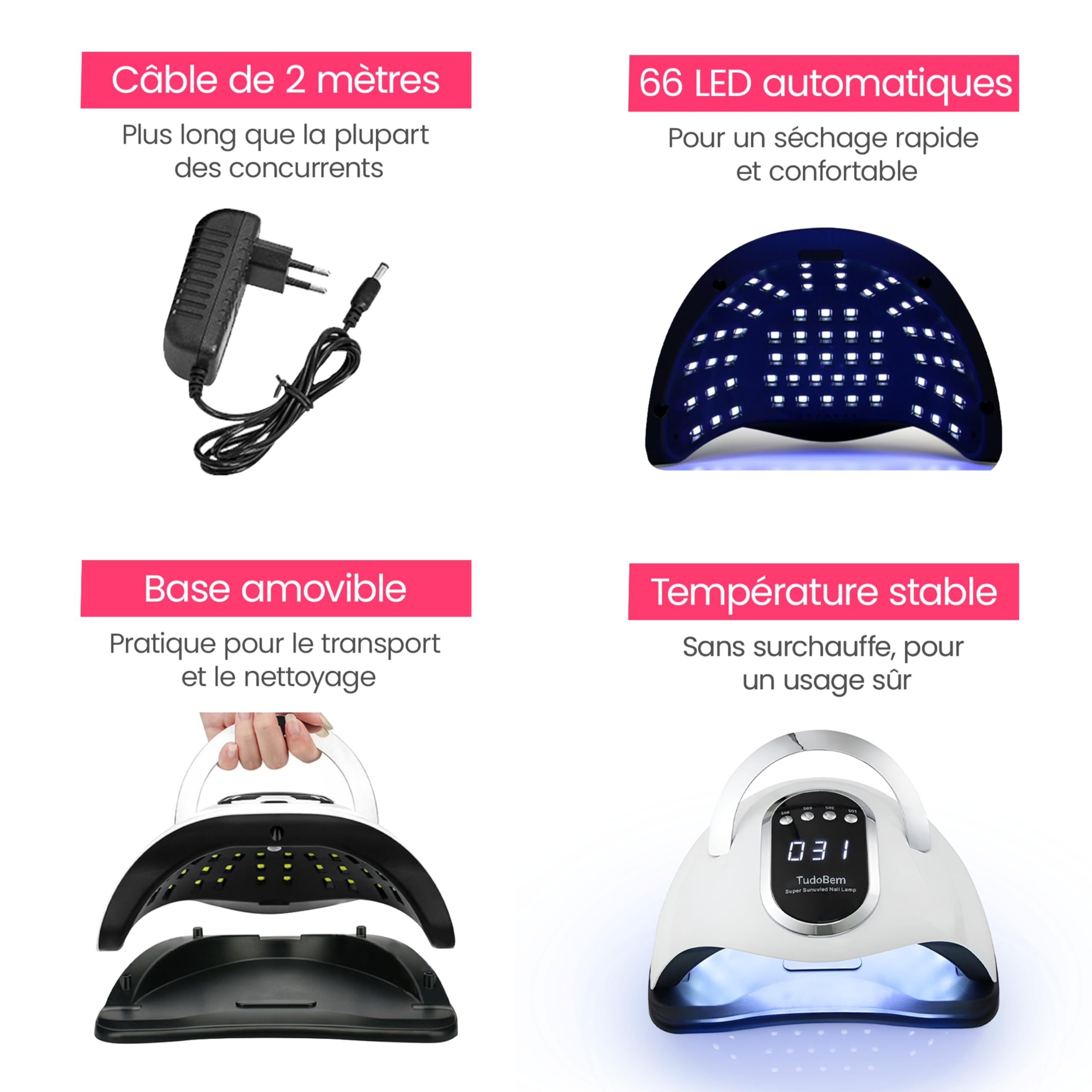 TudoBem Lampe UV Ongles Gel Professionnel, UV LED Ongles Puissante, avec 66 ampoules 72W, Machine UV LED pour ongles, Catalyseur Ongles, Lampe Vernis semi-permanent Séchoir Manicure et Gel Nail