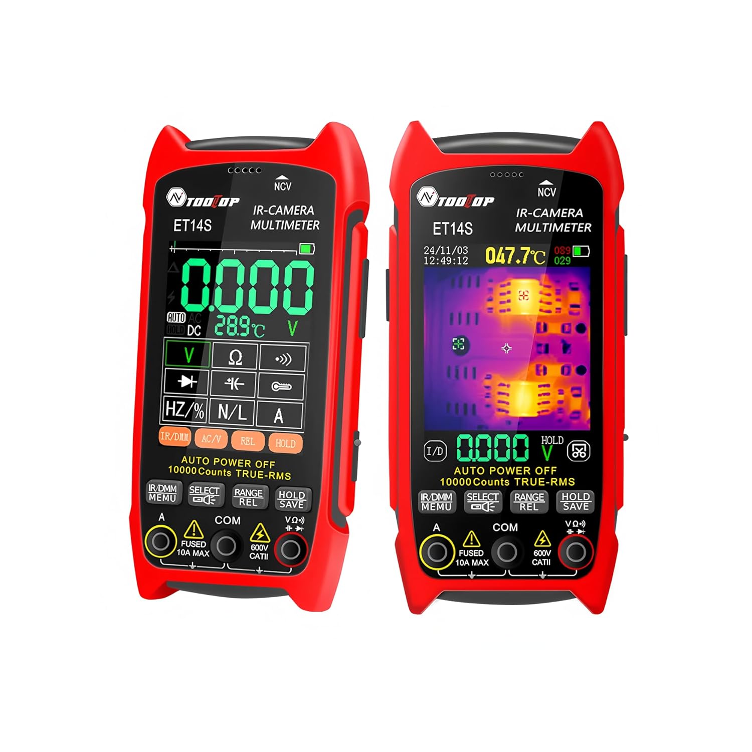 TOOLTOP ET14S device showing both multimeter and thermal imaging modes