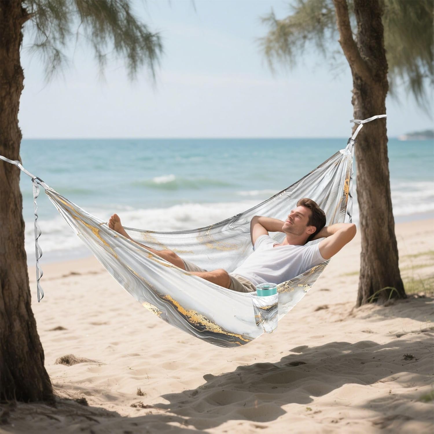 ALAZA White & Gold Marble Camping Hammocks Single or 2 Person 500 lbs Portable Parachute Travel Hammock w/Tree Straps for Hiking Backpacking Indoor Outdoor