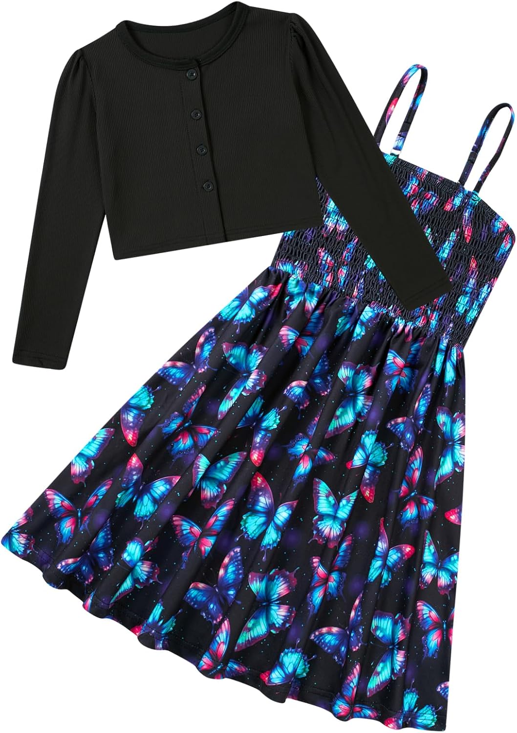 RAISEVERN Girls Casual Adjustable Strap Sleveless Dress Cardigan Set Size 5-12Y