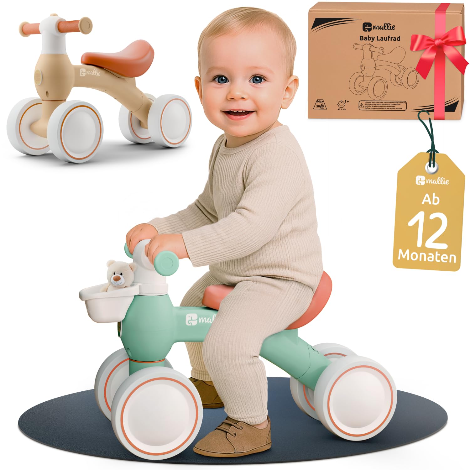 Mallie® Laufrad ab 1 Jahr I Ab 12 bis 24 Monate inkl. Gratis Korb als Laufräder, Rutschauto, Schaukelpferd oder Dreirad ab 1 Jahr Ersatz I Balance Bike Kinderspielzeug als Geschenk 1 Jahr