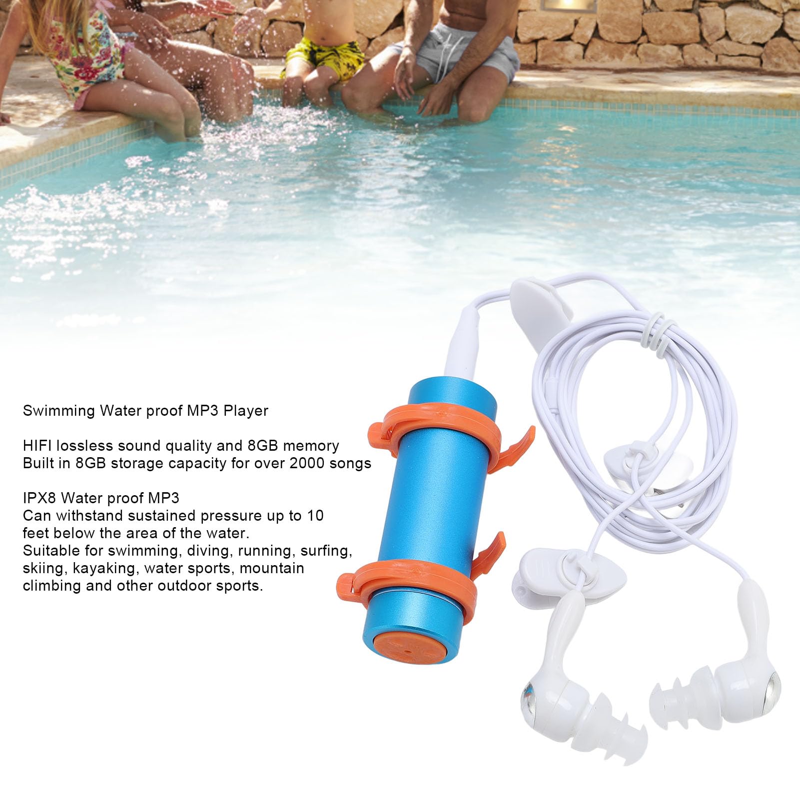 8GB MP3 Player, IPX8 Water Proof MP3 Player, Portable Aluminum Shell Music Player with Water Proof Earphones for Swimming Diving Surfing Running (Blue)