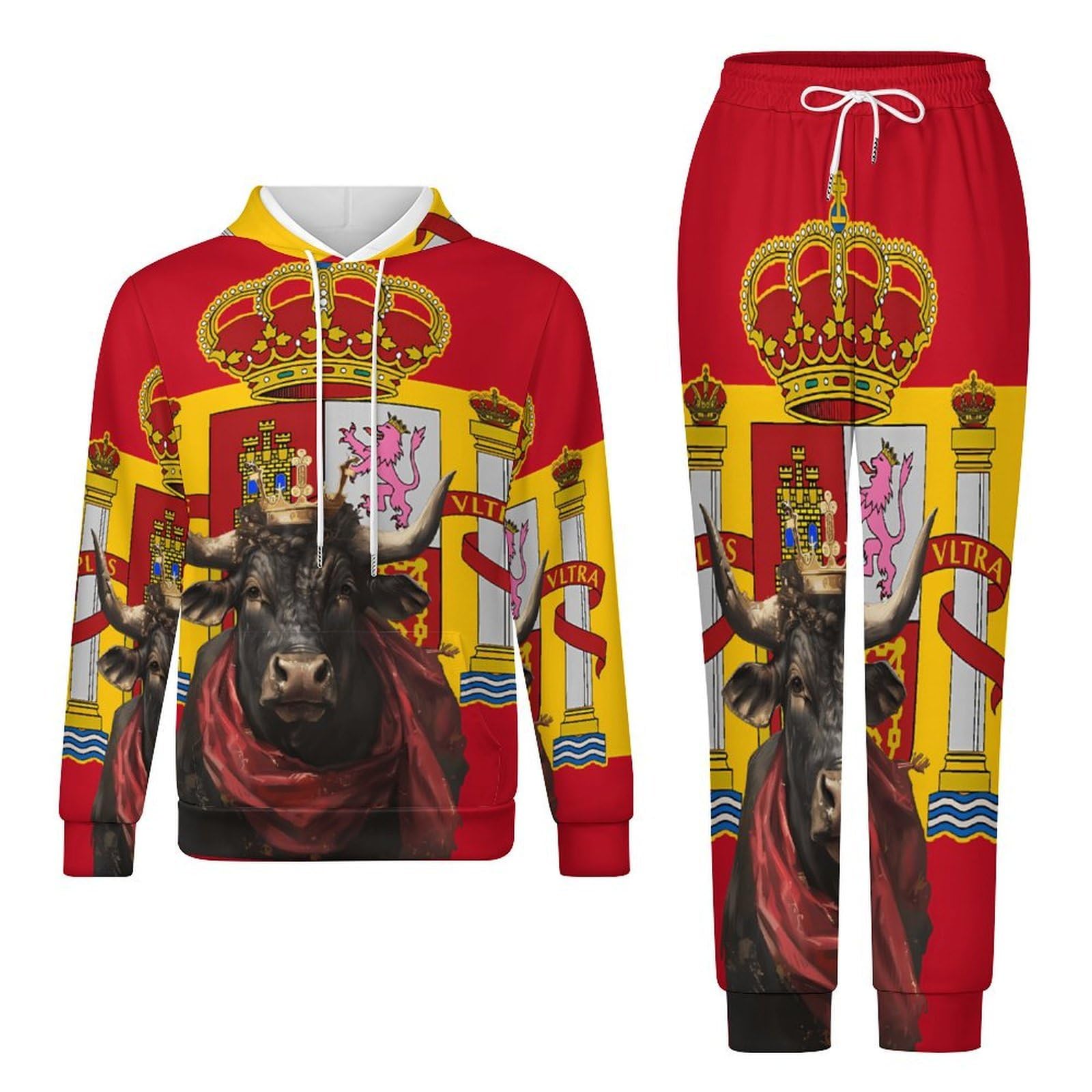 Conjunto de sudadera con capucha para hombre, diseño de toro de la bandera de España, conjunto de 2 piezas, casual, sudadera con capucha