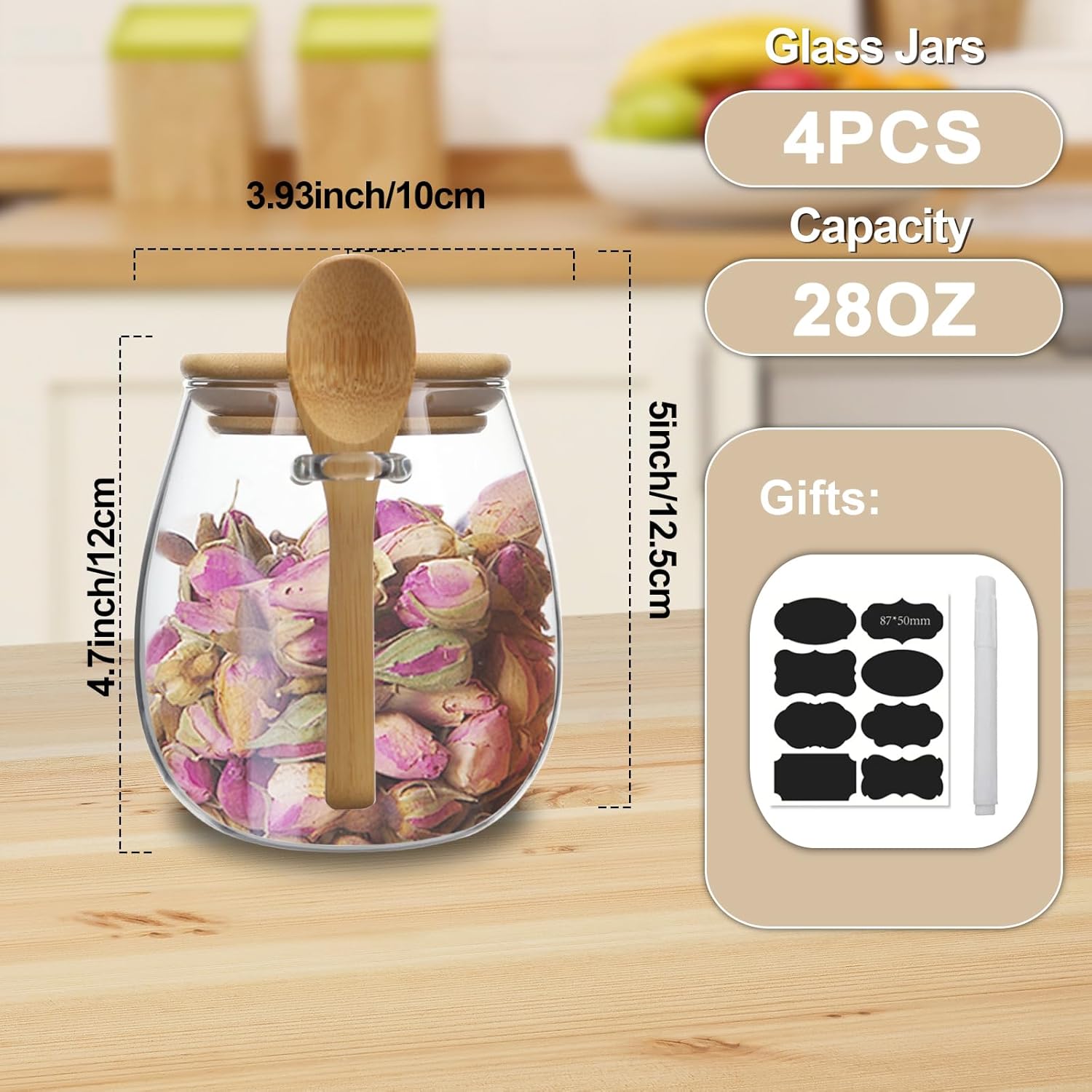 Clear glass storage containers, 28oz food storage jars, Set of 4, wide mouth, with spoons, for food storage, candy, coffee, biscuits, rice, sugar, tea, cereals, dried fruits, etc (Middle 4PCS)