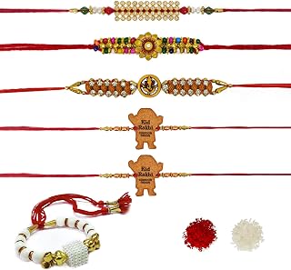 SATVIK Rakhi for brother bhaiya bhabhi gift set of 6 piece rakhi for bhai bracelet thread with greeting card Roli and chawal with Ram Sita sticker Indian designer latest Rakhi Family Set