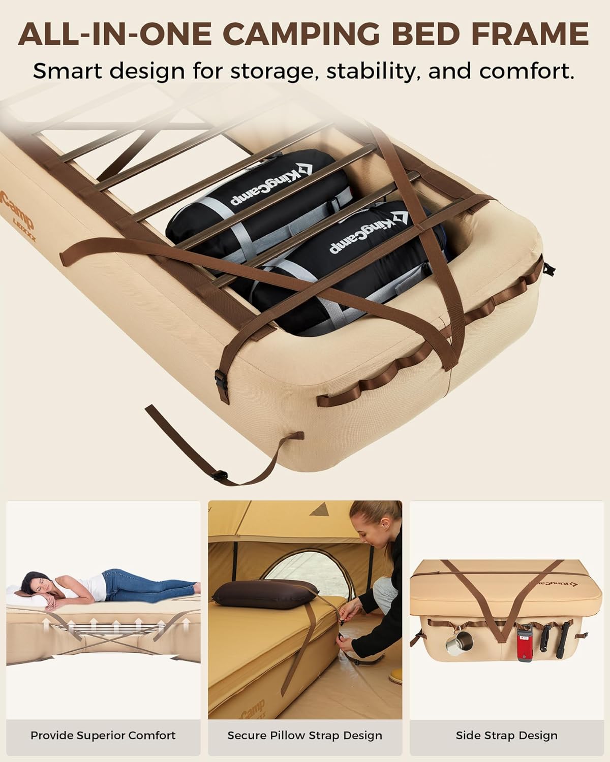 KingCamp Camping Air Bed Frame & Sleeping Pad Combo - Self-Inflating Foam Pad with R-Value 7.5, Lightweight & Durable, Modular Inflatable Cot with Storage Space, Portable, All-Season