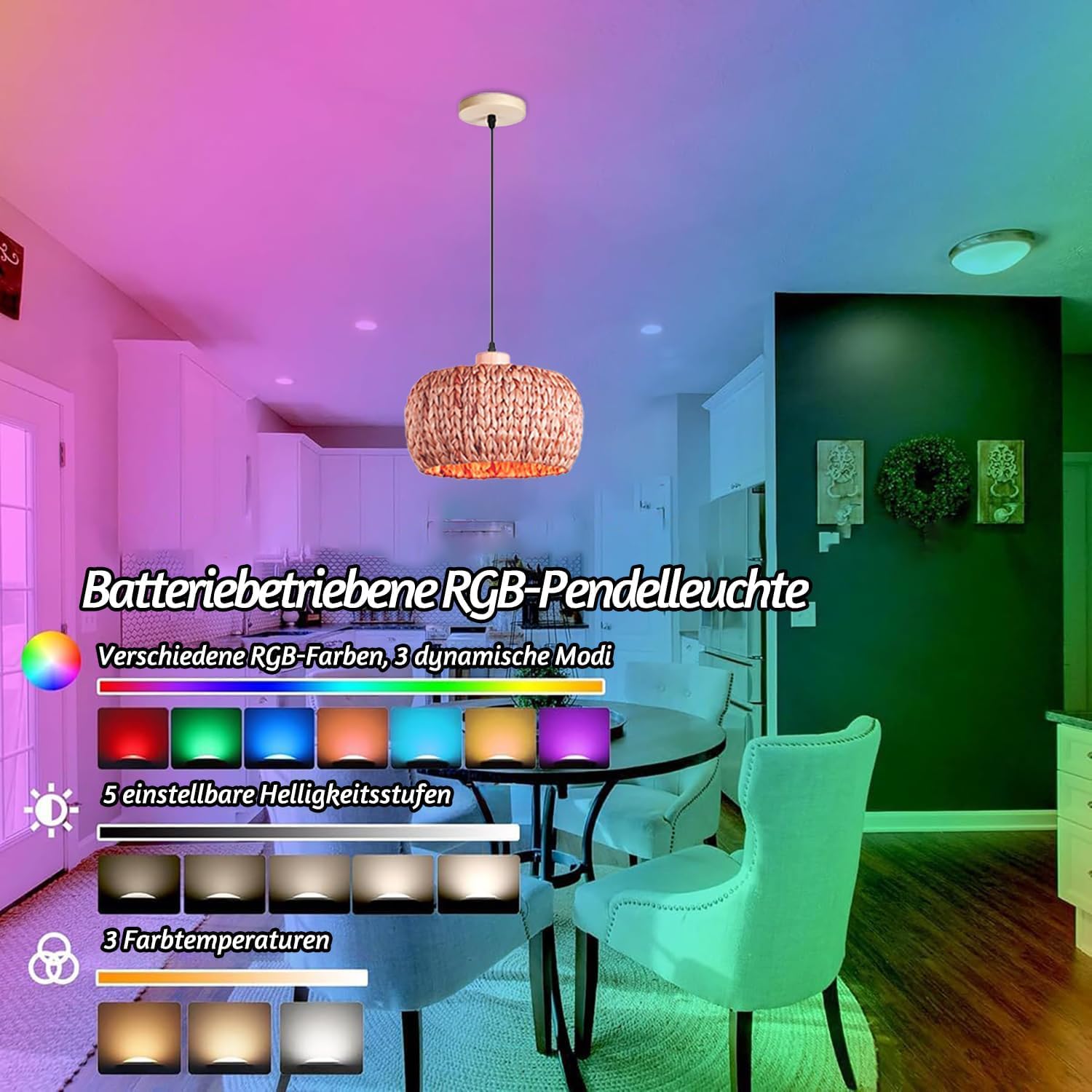 KZT E27 Hängelampe mit Batterie Glühbirnen Vintage Boho Rattan Lampe RGB Pendelleuchte Dimmbar mit Fernbedienung Hängeleuchte Natürlich Bambus und Holz Retro Pendellampe für Schlafzimmer Esszimmer