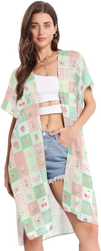 Flower Strawberry Grid Beach Cover Ups Summer Cardigan Bathing Swimsuit Cover Up Kimonos for Women Tops,S