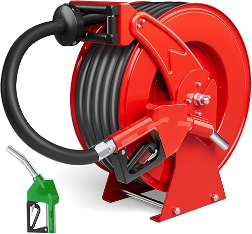 Carrete de manguera de combustible con boquilla de combustible, carrete de manguera diésel retráctil extra largo de 34 pulgadas x 50 pies, carrete