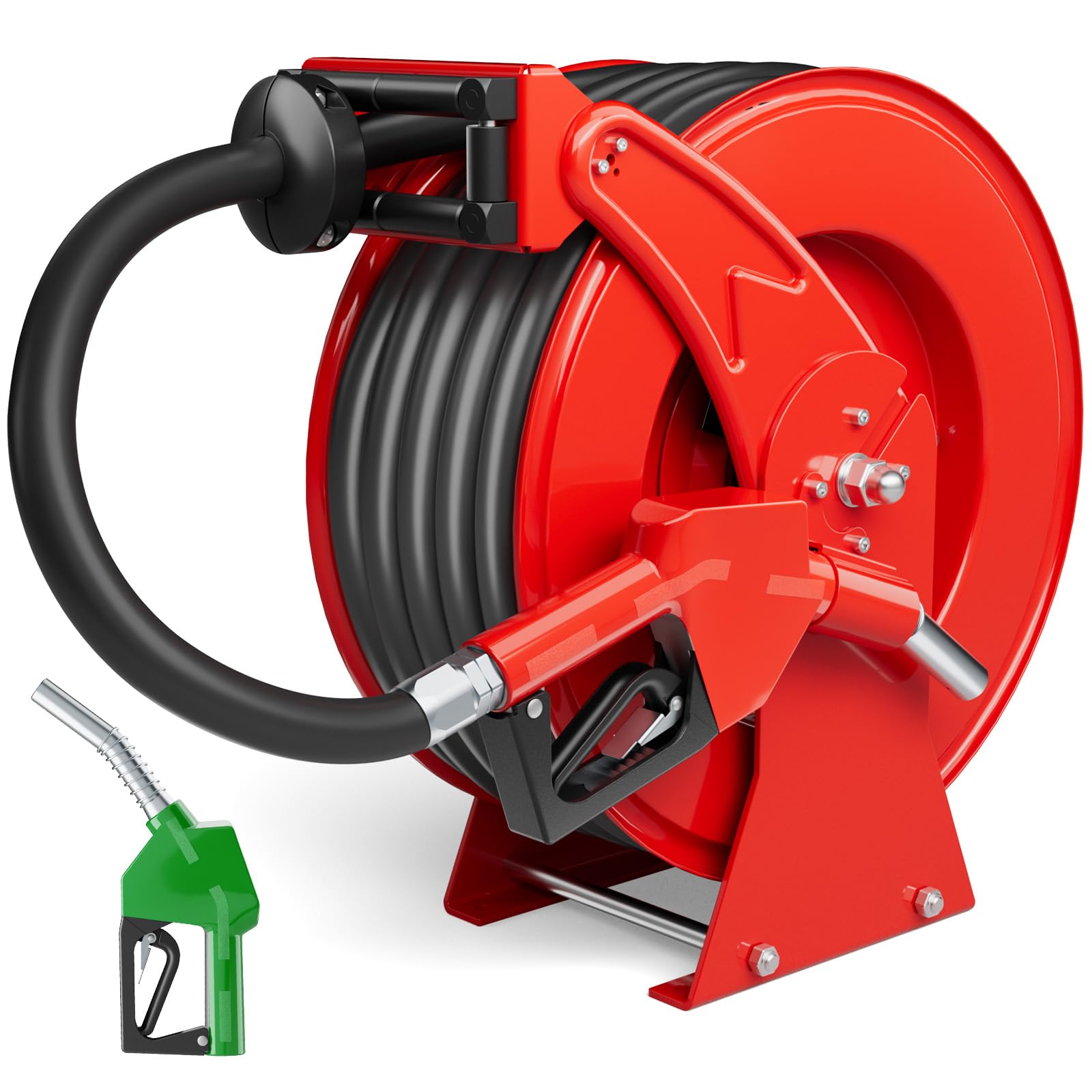 Fuel Hose Reel, 3/4" x 50FT Extra Long Diesel Reel with Fueling Nozzle, 300 PSI Industrial Auto Swivel Rewind Fuel Retractable Diesel Hose for Vehicle Tank Truck Trailer Ship, Red