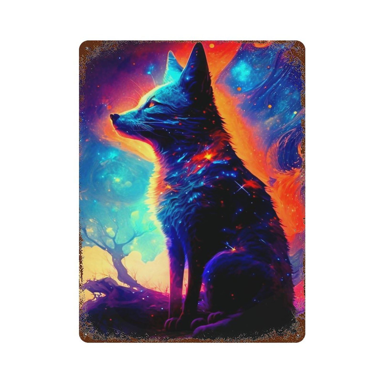 Rust Effect Fox Weathered Tin Sign 15.7"x11.8", Retro Wall Decor for Garage, Bar And Workshop Decor