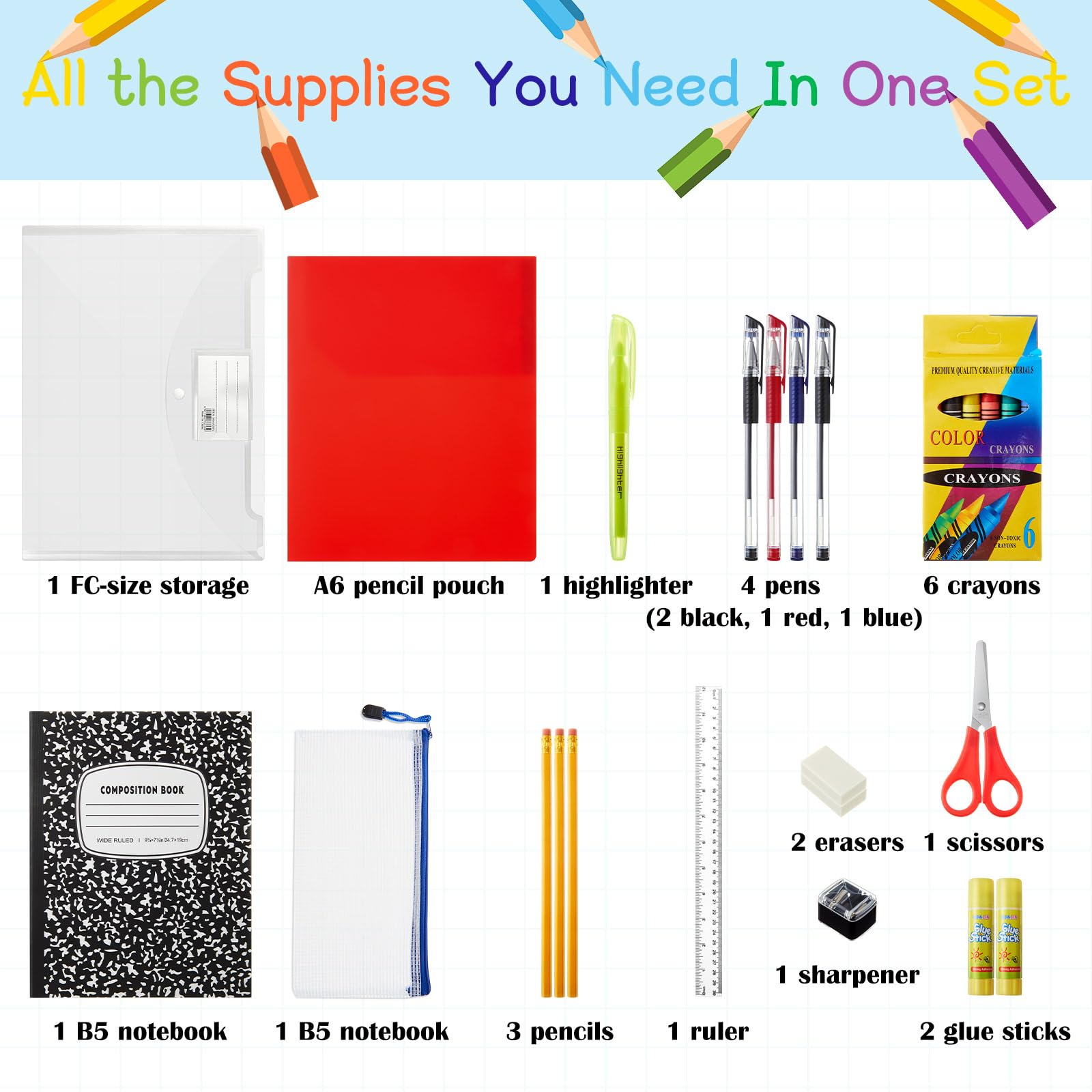 AmazingSpark Lot de 6 kits de fournitures pour la rentrée scolaire pour les élèves de 7 à 12e année - Fournitures de rentrée scolaire comprenant dossier, surligneurs, crayons, cahiers, ciseaux et plus