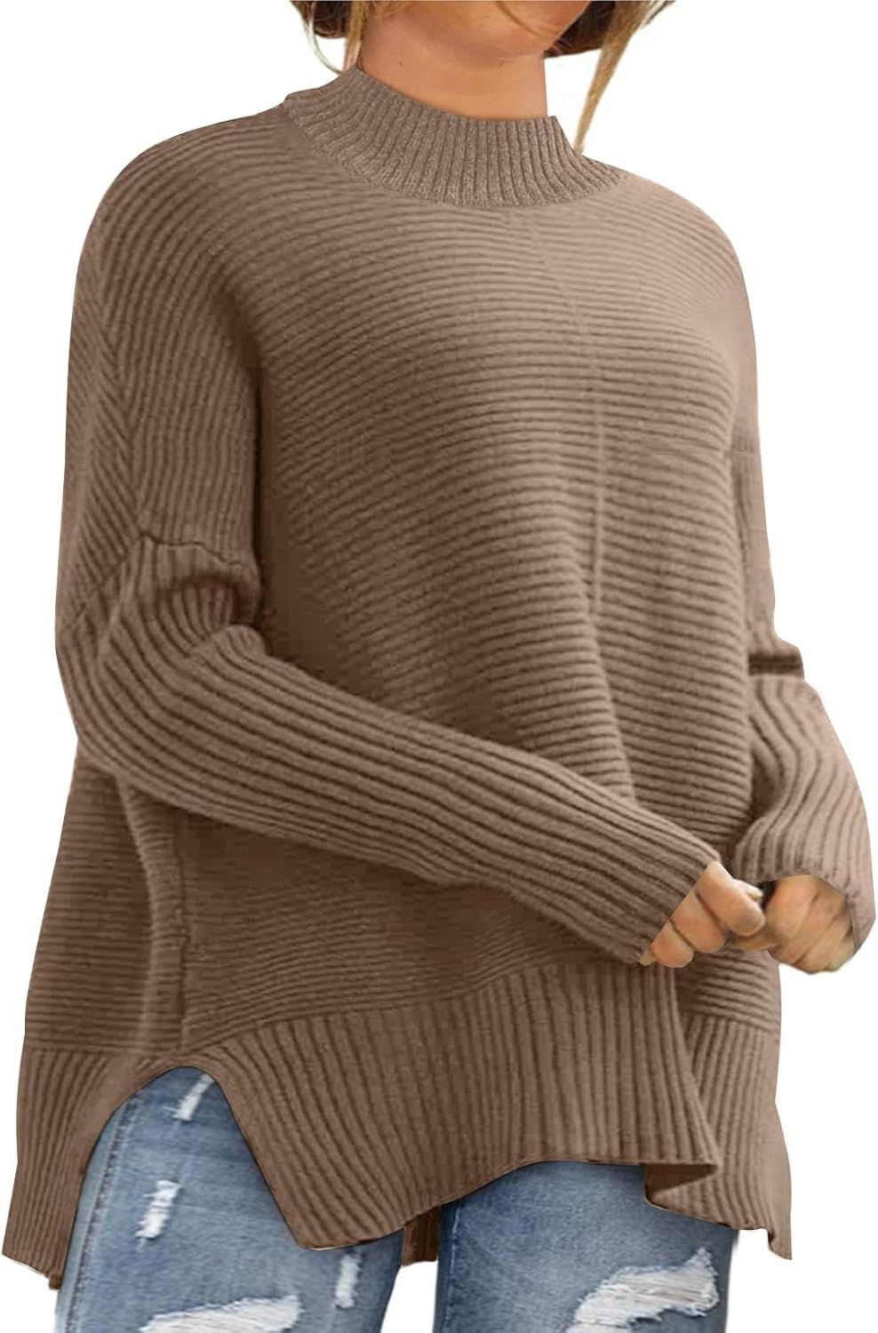 Eytino Womens Plus Size Sweaters Long Sleeve Crew Neck Split Hem Casual Oversized Ribbed Knit Tunic Pullover Tops(1X-5X)