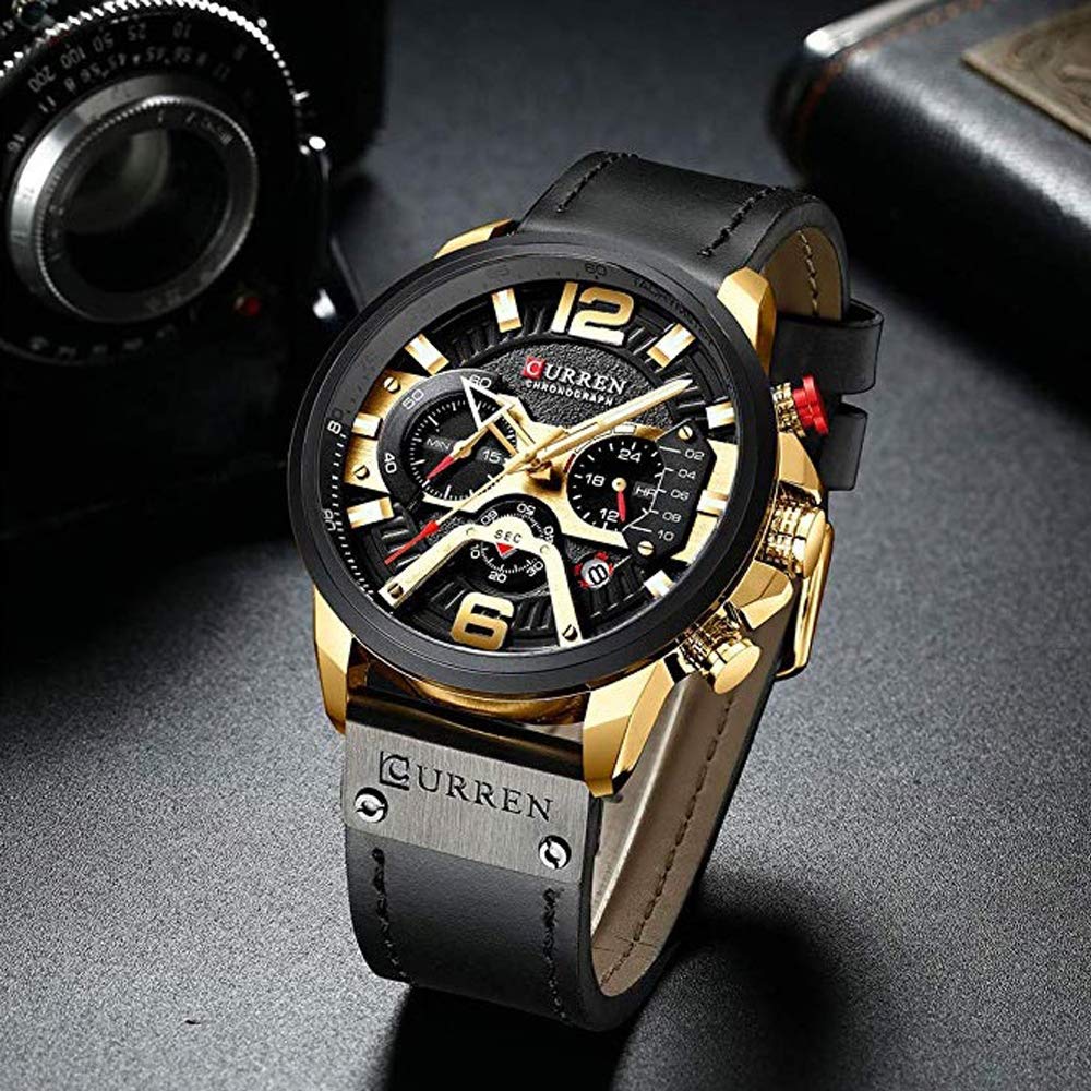 CURREN Herren-Armbanduhr, Quarz, Leder, Chronograph, Armbanduhr und modisches Armband, analoge Uhren für Herren, luxuriöse Armbanduhr, Geschenke für Vater, Freund, Gold, Quarzuhr, Chronograph