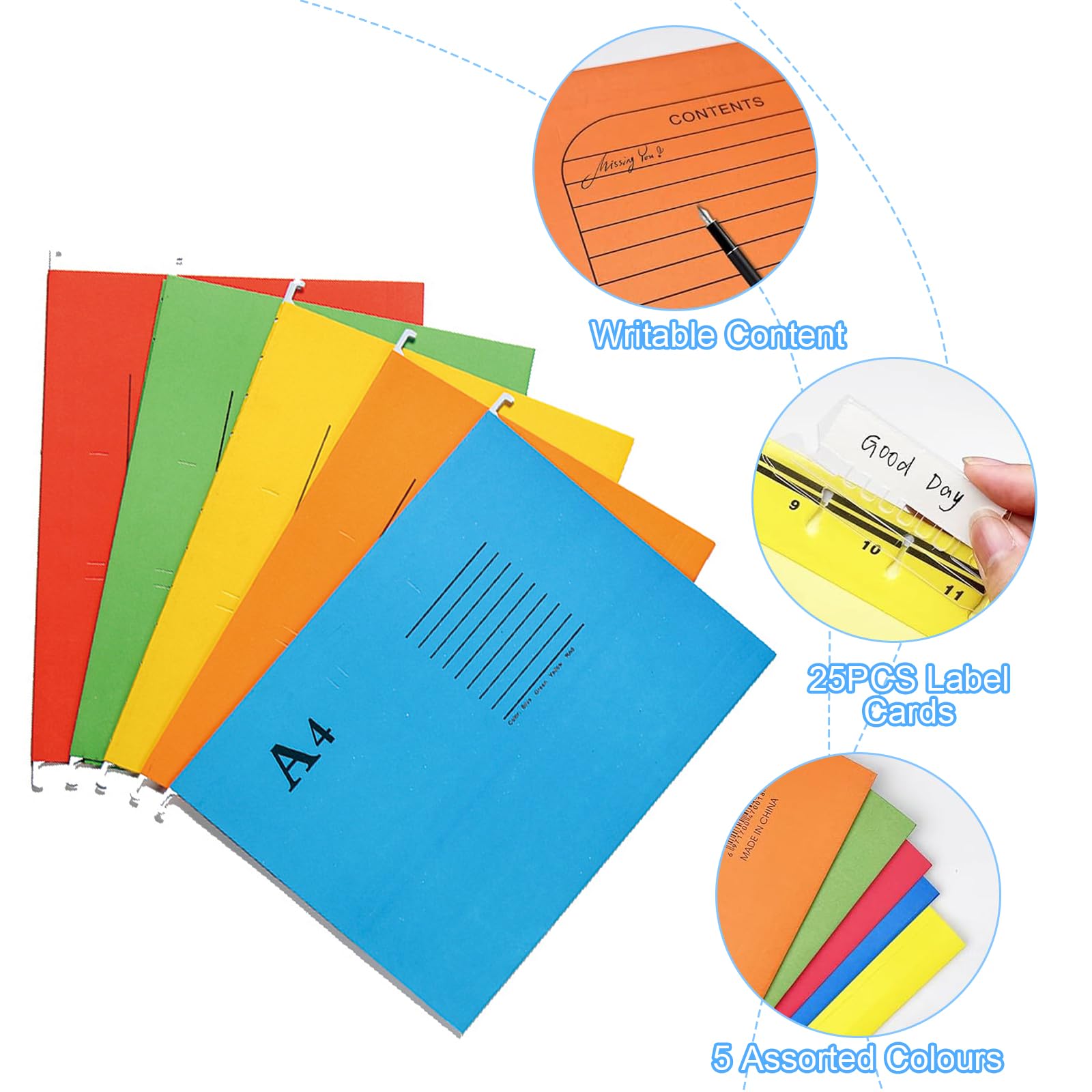 15 Chemises Suspendues A4 - 5 Couleurs Vives | Classement Bureau & Maison | Avec Étiquettes Et Intercalaires