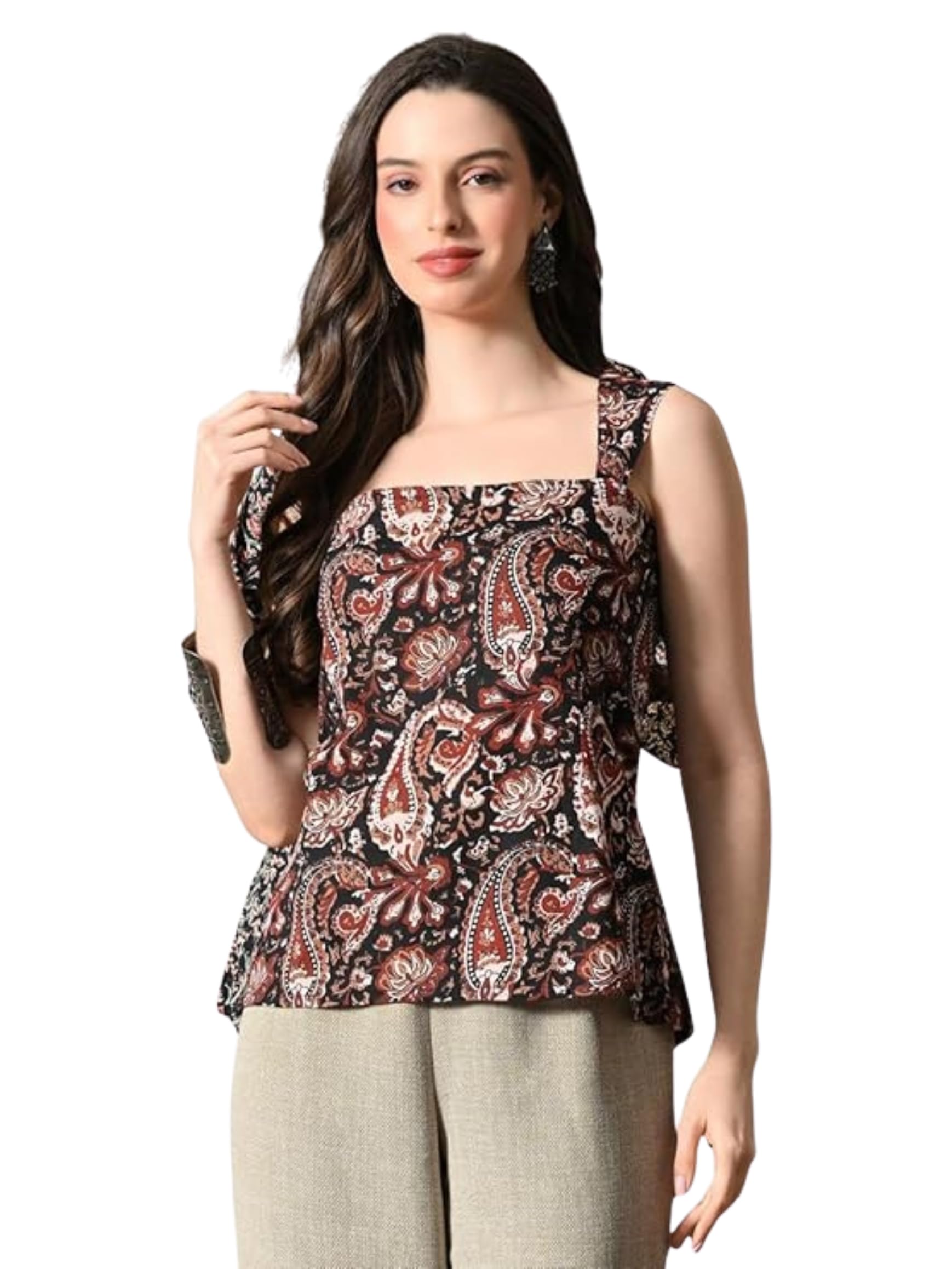 Amazon Brand - Tavasya Women Floral Printed Short Kurti | Stylish Square Neck & Back Back Design with String Ties | Sleeveless Modern Top