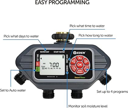 Eden 93413 Programmable Digital Water Timer 4-Zone & 98063 Multi-Adjustable Flex Design Above Ground Irrigation Garden Sprinkler System, Sprinkler & Hose, DIY Plant Watering Set