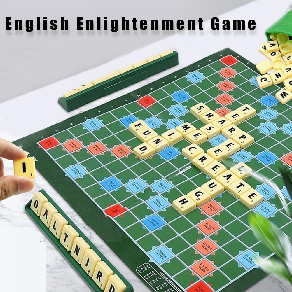 Jeu de Société Éducatif Mots Classique avec 100 Lettres Plateau 4 Chevalets Sac Apprentissage Orthographe Enfants 6 Ans+