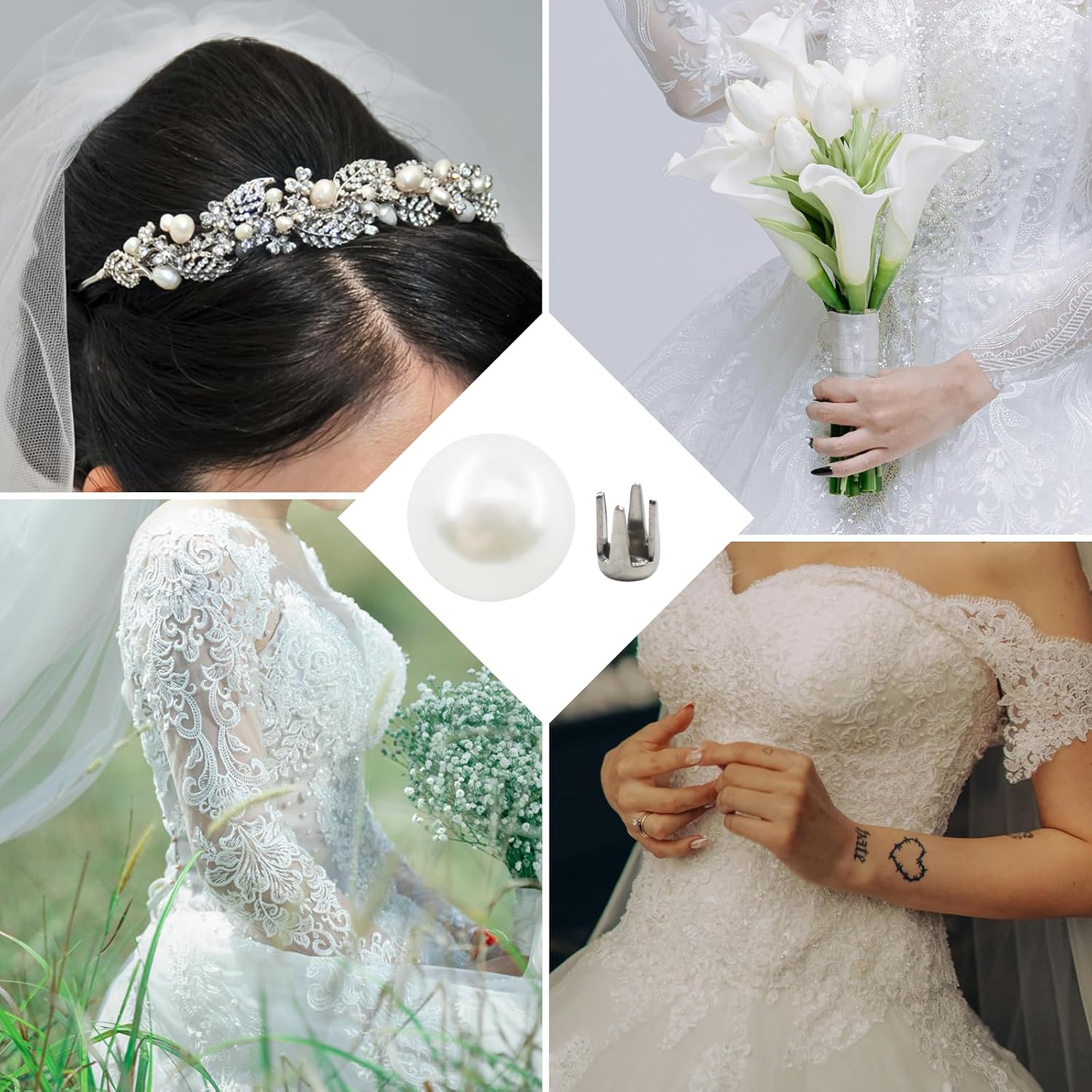 1670pcs White Pearl Beads with Rivet Studs, Pearl Setting Machine Accessories 5 Size no Holes Pearl Beads for DIY Crafts and Decoration